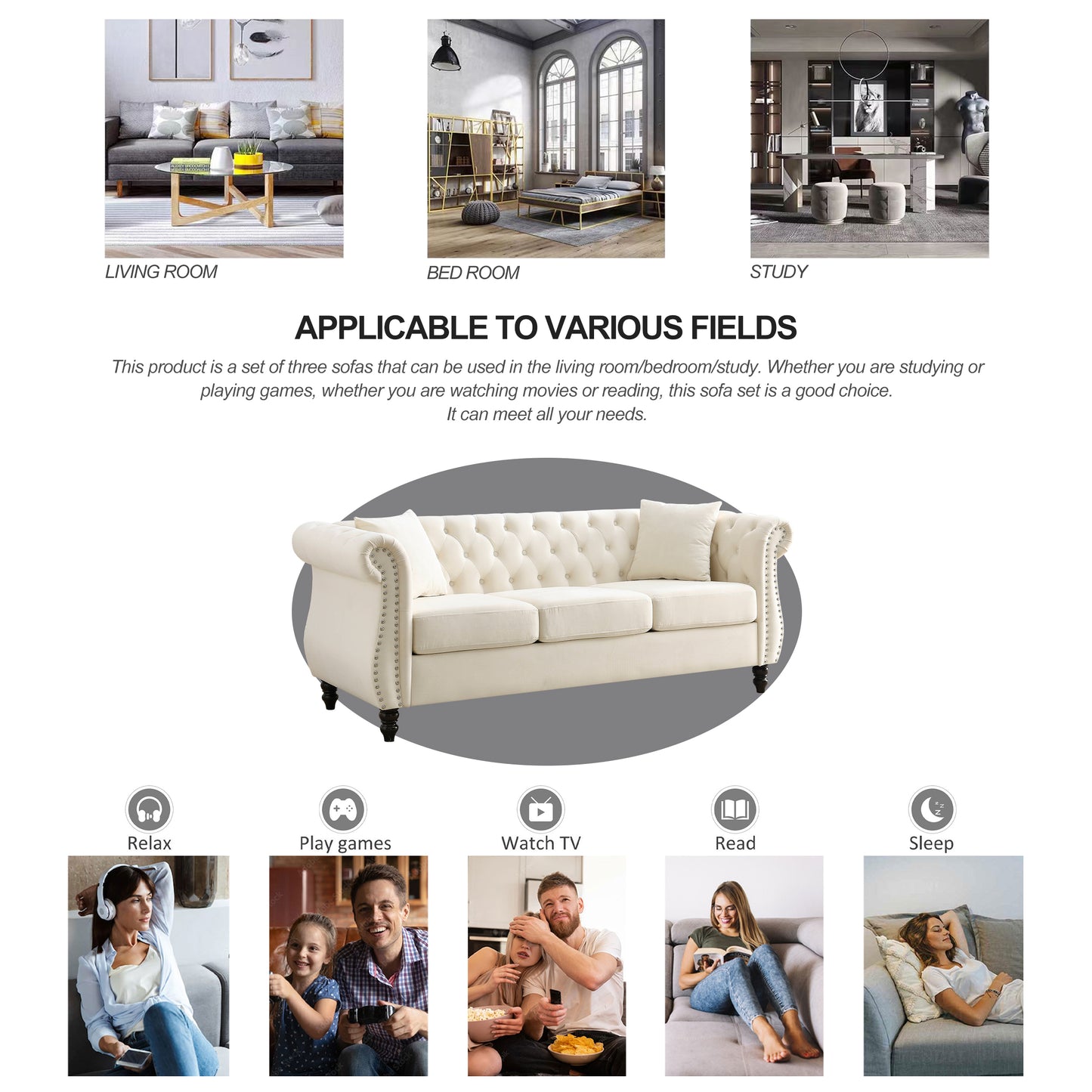 [Video] 80" Chesterfield Sofa Beige Velvet for Living Room, 3 Seater Sofa Tufted Couch with Rolled Arms and Nailhead for Living Room, Bedroom, Office, Apartment, two pillows