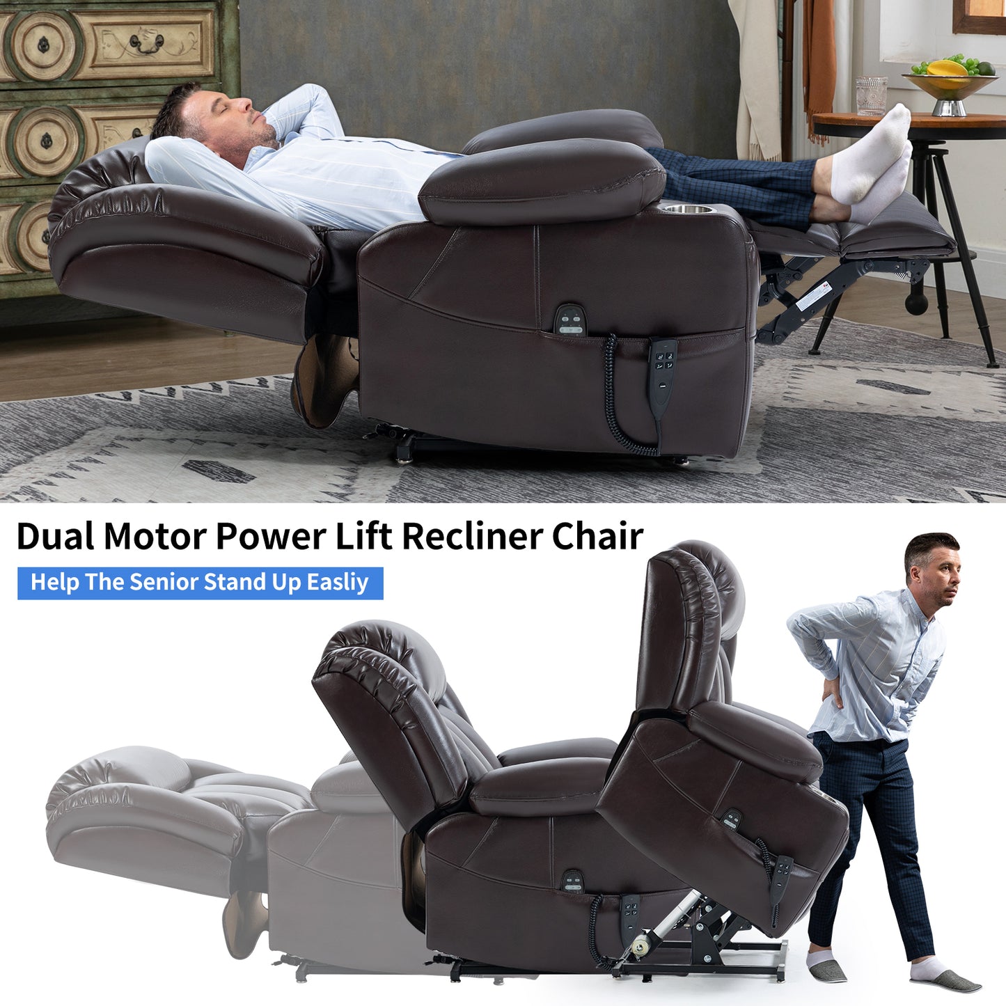 Brown Leatheraire Power Lift Recliner Chair with Dual Motor & Massage Functions