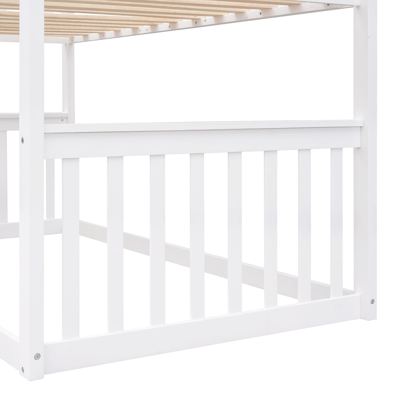 White Wood House Bunk Bed with Skylight - Twin Over Twin