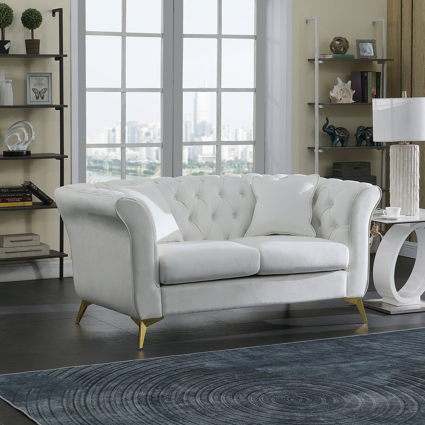 Chesterfield sofa ,Stanford sofa ,  high quality Chesterfield sofa ,White color , tufted and wrinkled fabric  sofa;contemporary Stanford sofa .loverseater; tufted sofa with scroll  arm and scroll back