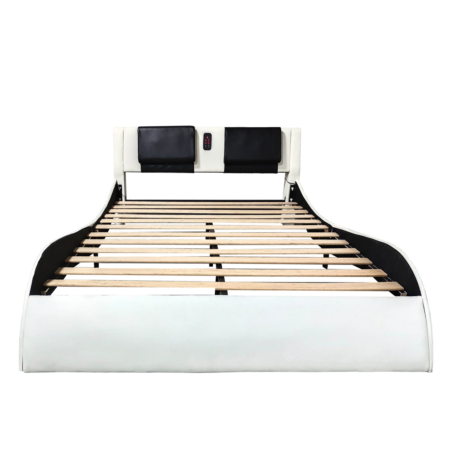 Faux Leather Upholstered Platform Bed Frame with led lighting, Bluetooth connection to play music control, Backrest vibration massage, Curve Design, Wood Slat Support, One-Carton Package, Queen