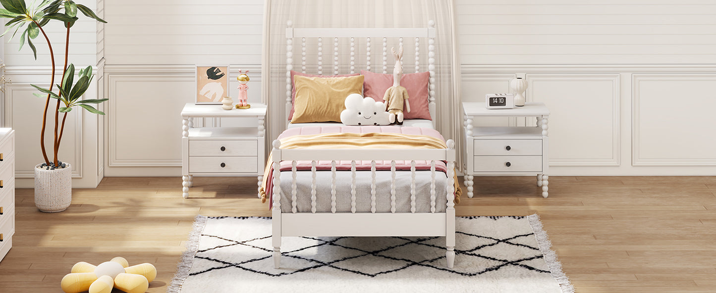 Twin Size Wood Platform Bed with Gourd Shaped Headboard and Footboard, White