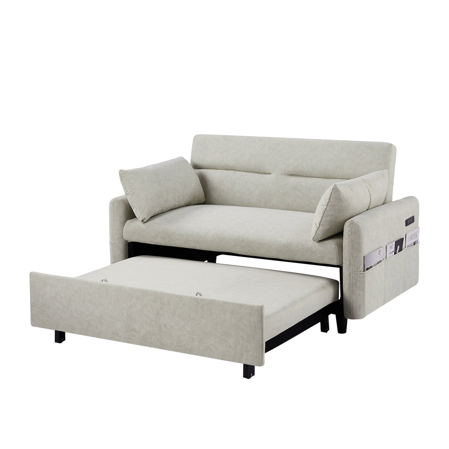 Adjustable Pull Out Sleep Sofa Bed Loveseat Couch with Storage Pockets, USB Ports, Beige