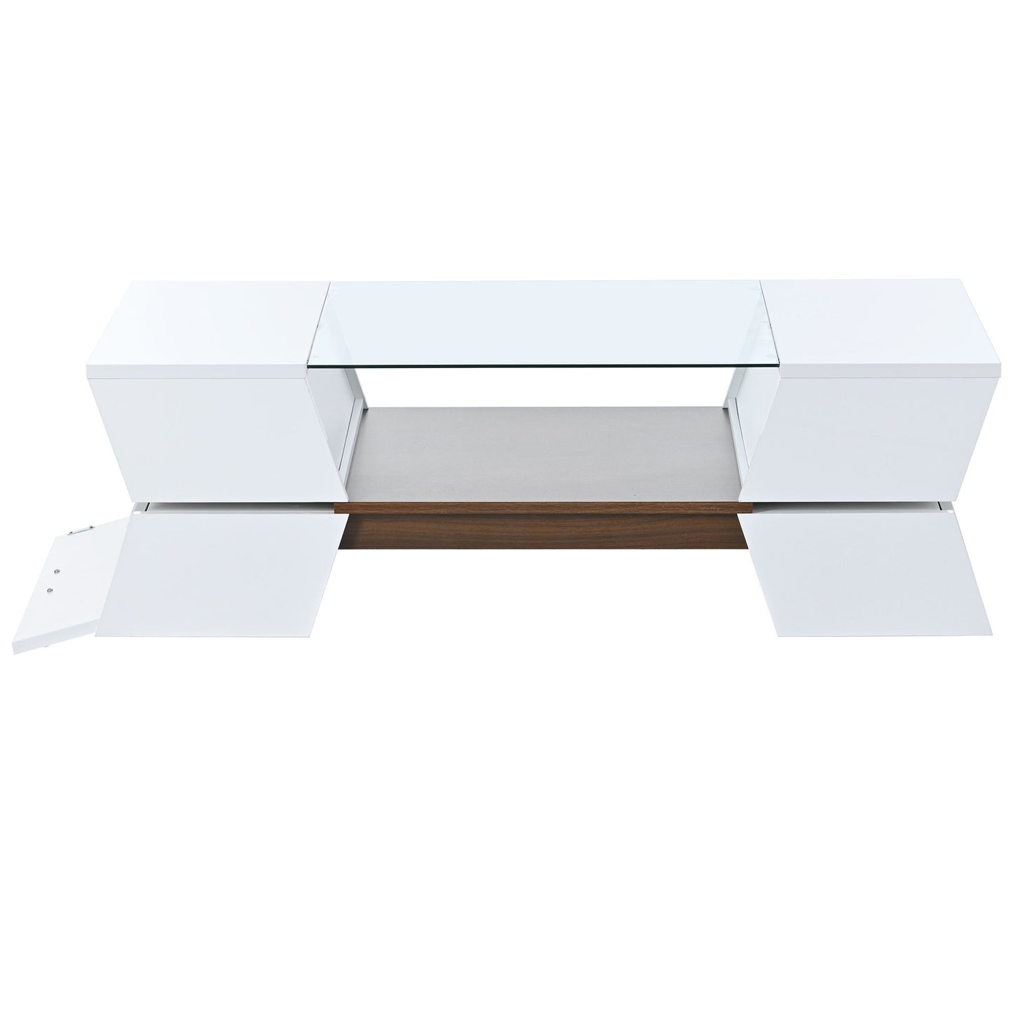 6mm Glass-Top White Coffee Table with Open Shelves and Cabinets