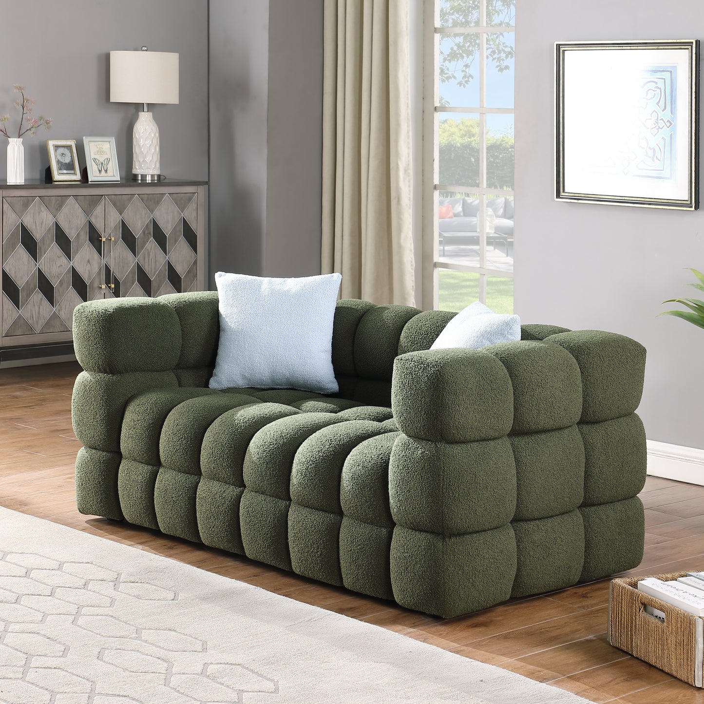 Olive Green Boucle 3-Seater Sofa with Plush Multi-Density Foam