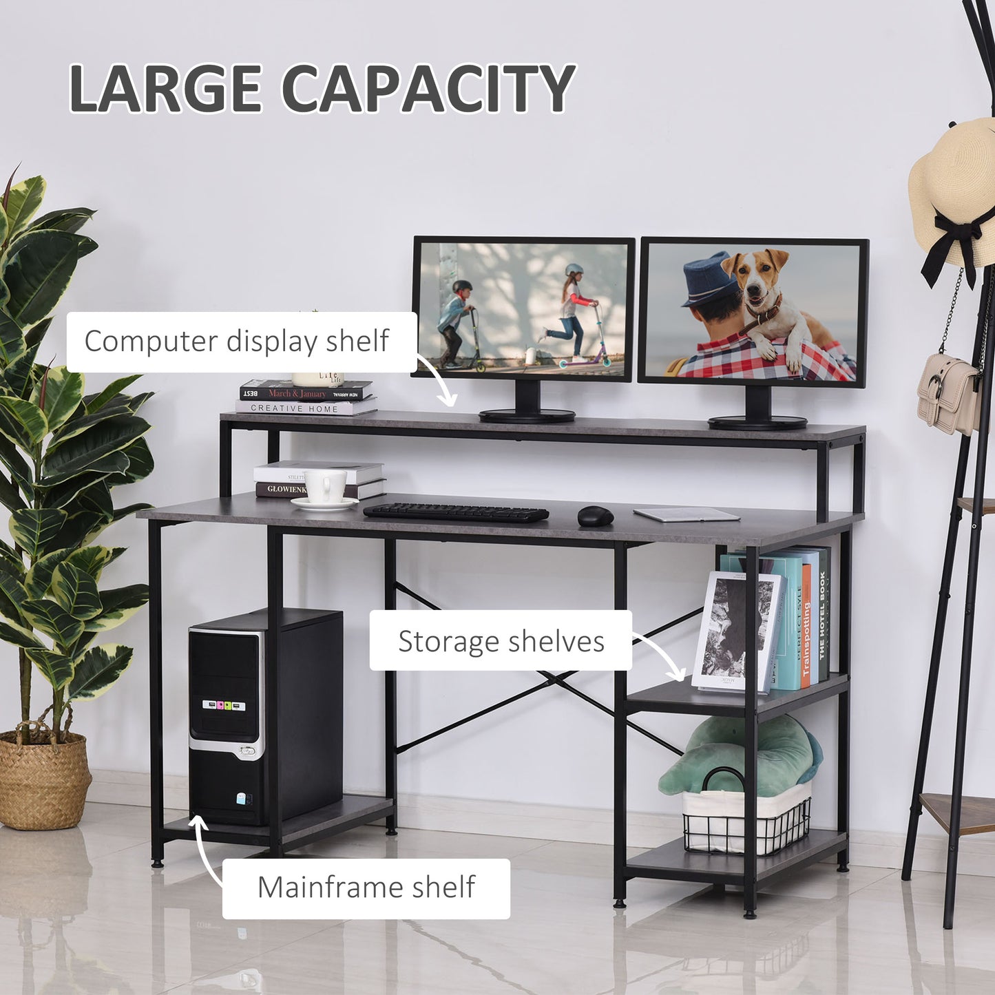 55 Inch Home Office Computer Desk Study Writing Workstation with Storage Shelves, Elevated Monitor Shelf, CPU Stand, Durable X-Shaped Construction, Grey Wood Grain