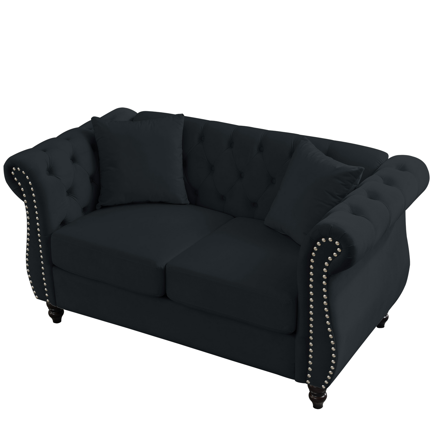 Chesterfield Sofa in Black Velvet with Rolled Arms and Nailhead Trim