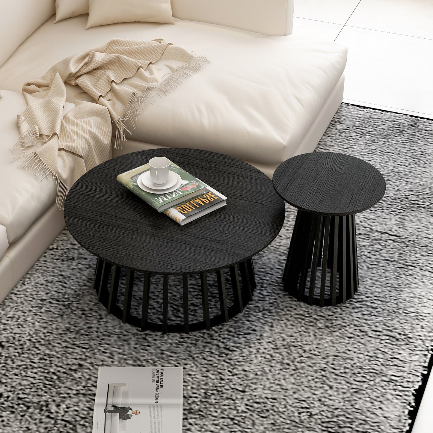 Elegant Set of 2 Round Coffee Tables with Grille Design, Ideal for Bedroom, Living Room, or Balcony