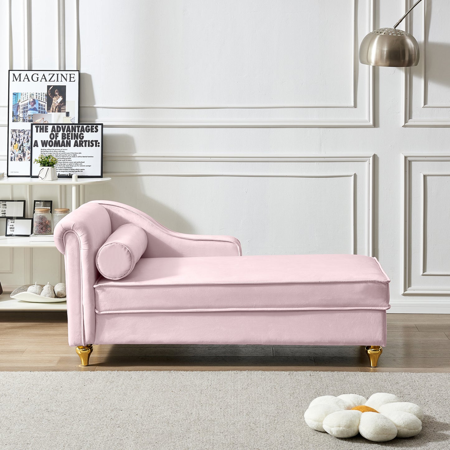 Modern Upholstery Chaise Lounge Chair with Storage Velvet (Pink)