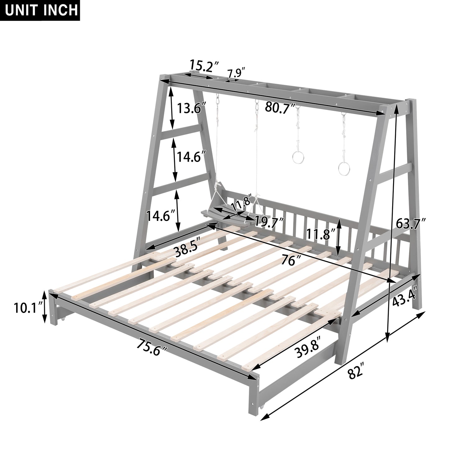 Extendable Twin Daybed with Swing and Ring Handles, Gray(Twin bed can be pulled out to be King)