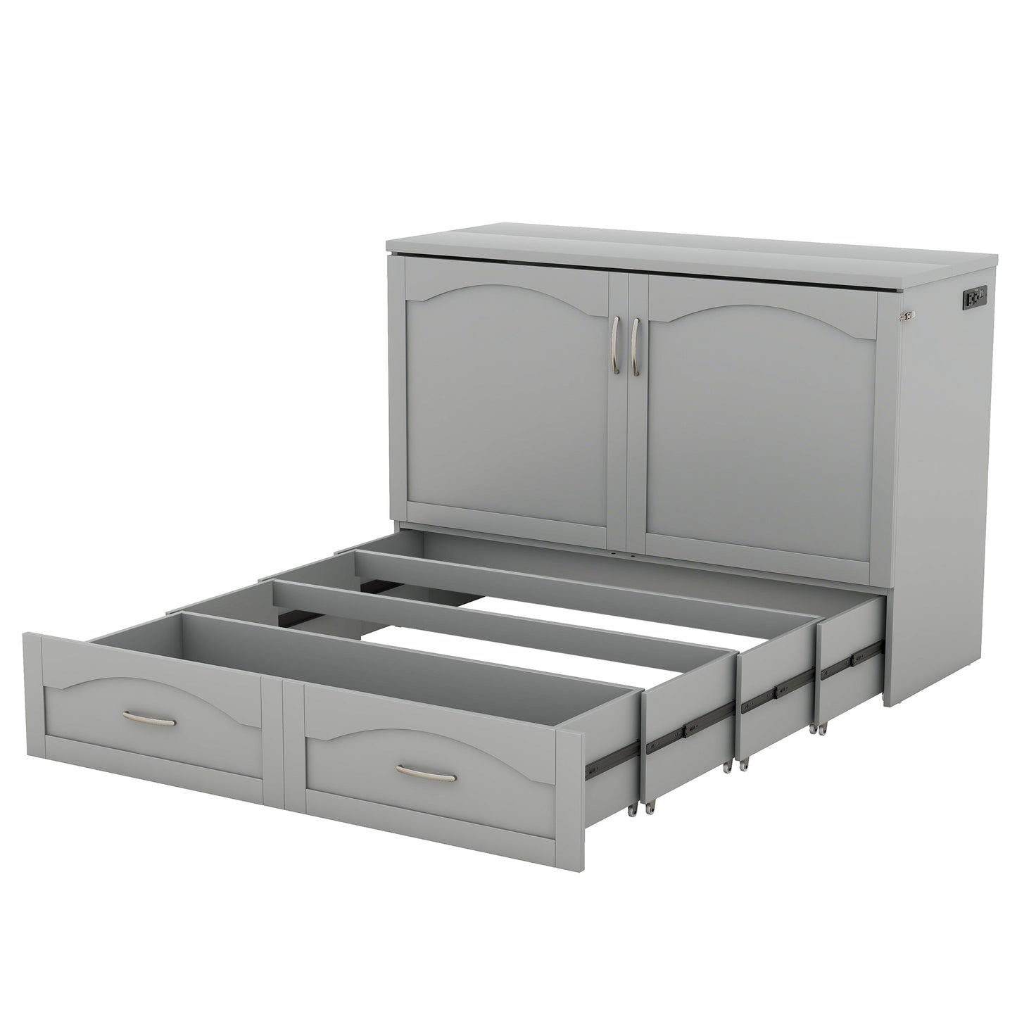 Full Size Murphy Bed Wall Bed with drawer and a set of Sockets & USB Ports, Pulley Structure Design, Gray