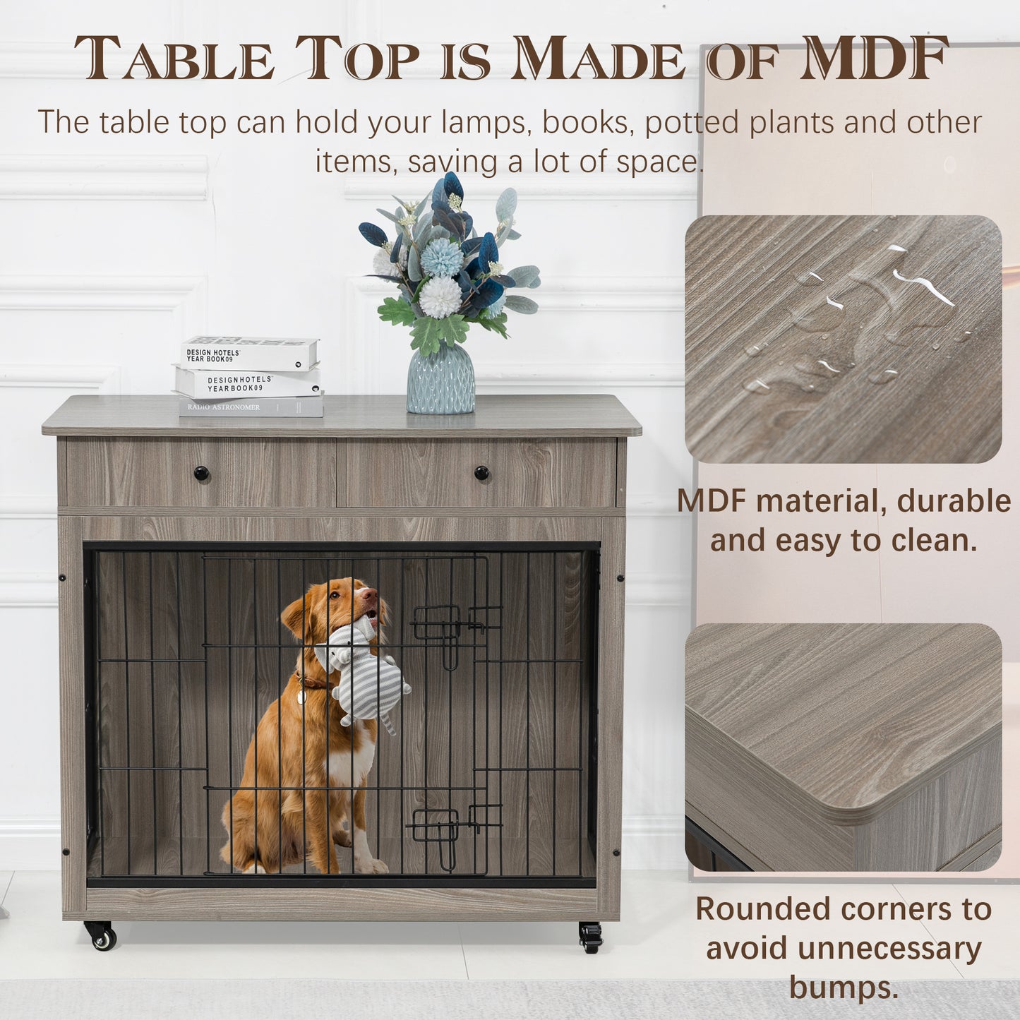 Dog Crate Furniture, Wooden Dog Crate End Table, 38.4 Inch Dog Kennel with 2 Drawers Storage, Heavy Duty Dog Crate, Decorative Pet Crate Dog Cage for Large Indoor Use (Grey) 38.4" L×23.2" W×35" H