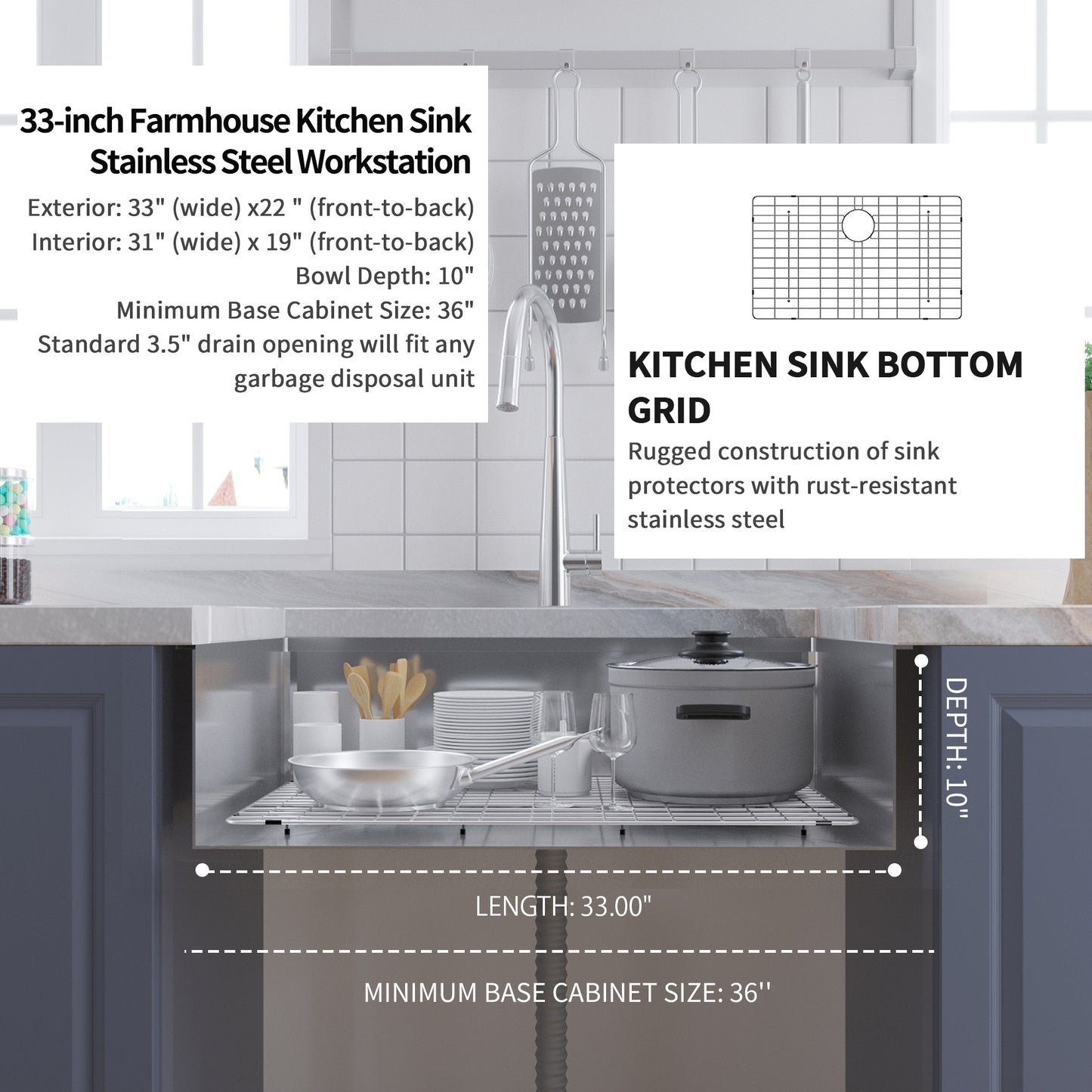 33-inch Stainless Steel Farmhouse Apron Front Kitchen Sink with Integrated Ledge and Bonus Accessories