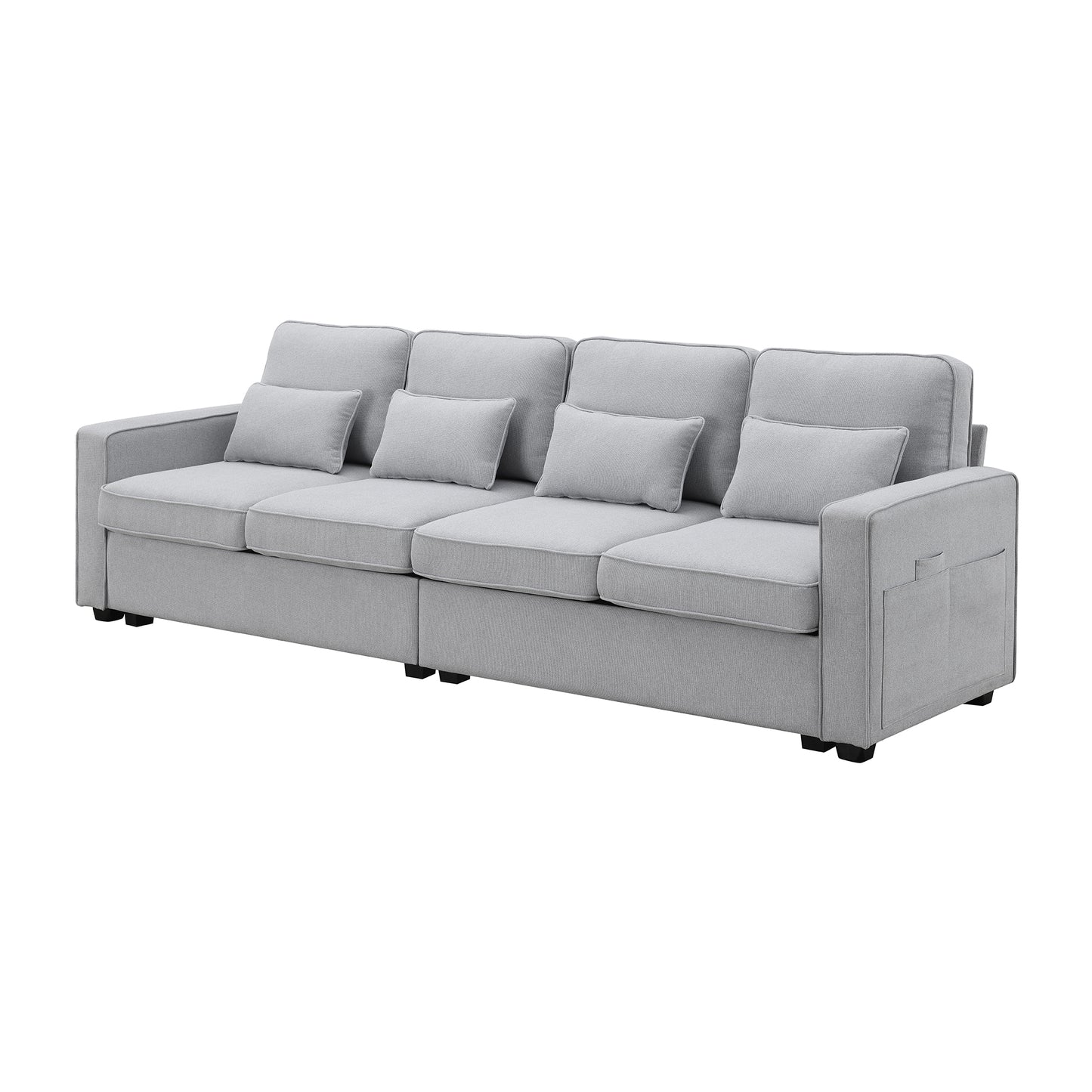 Spacious 4-Seater Linen Fabric Sofa with Armrest Pockets and 4 Pillows