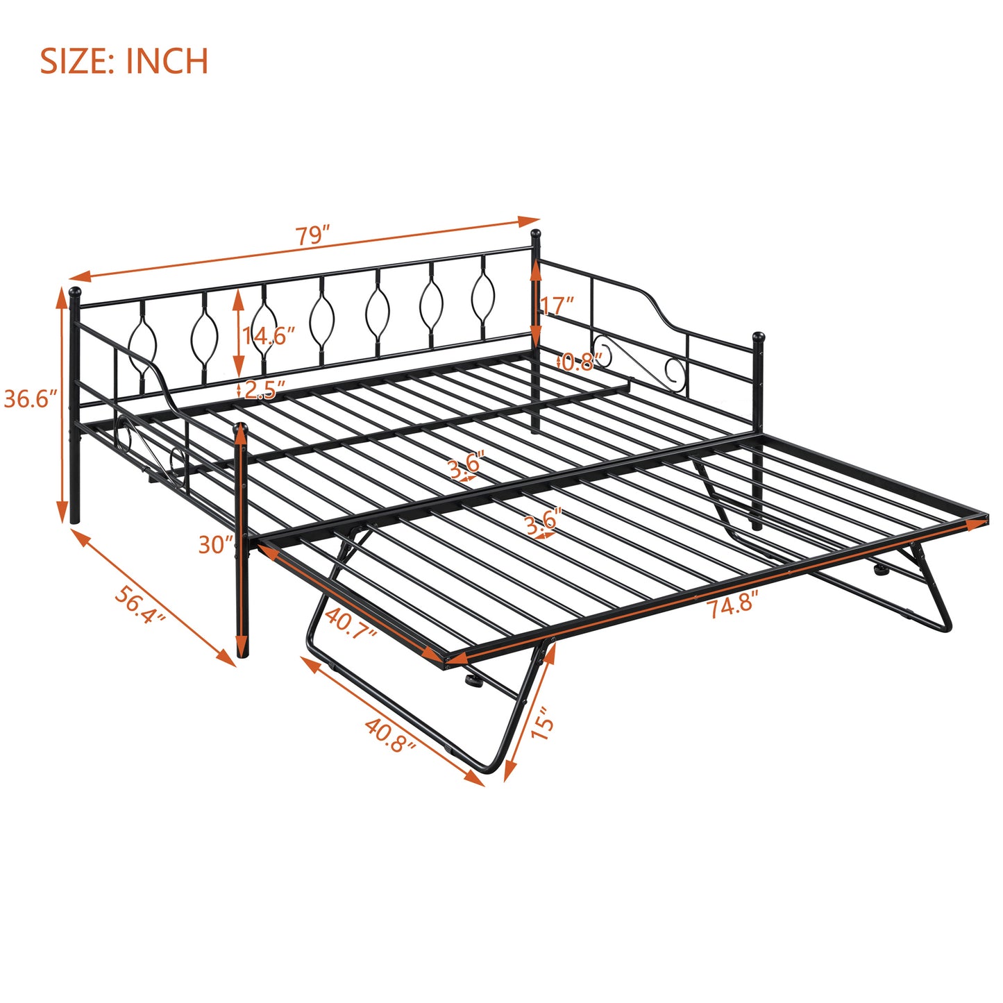 Full Size Metal Daybed with Twin Size Adjustable Trundle, Portable Folding Trundle, Black