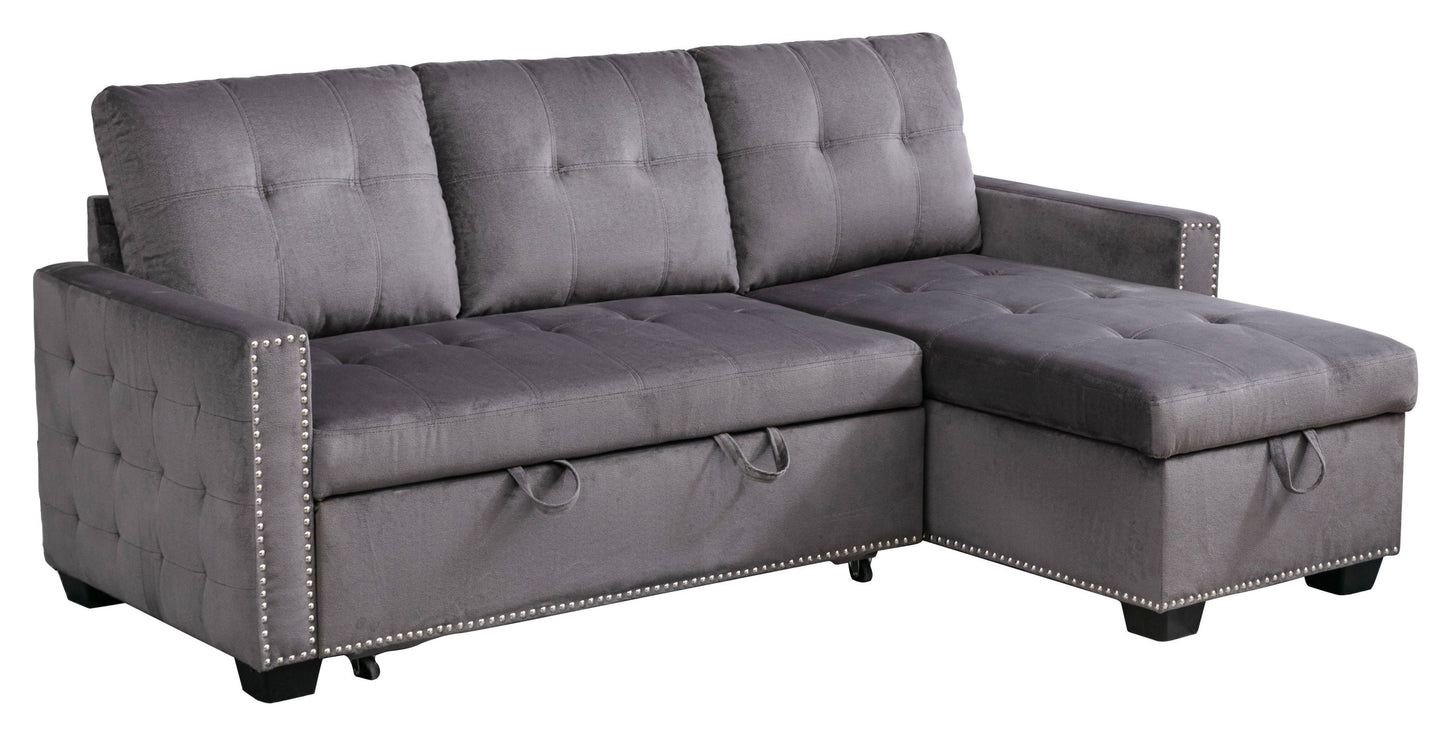 Luxurious Dark Grey Velvet L-Shape Sleeper Sectional Sofa Bed with Storage