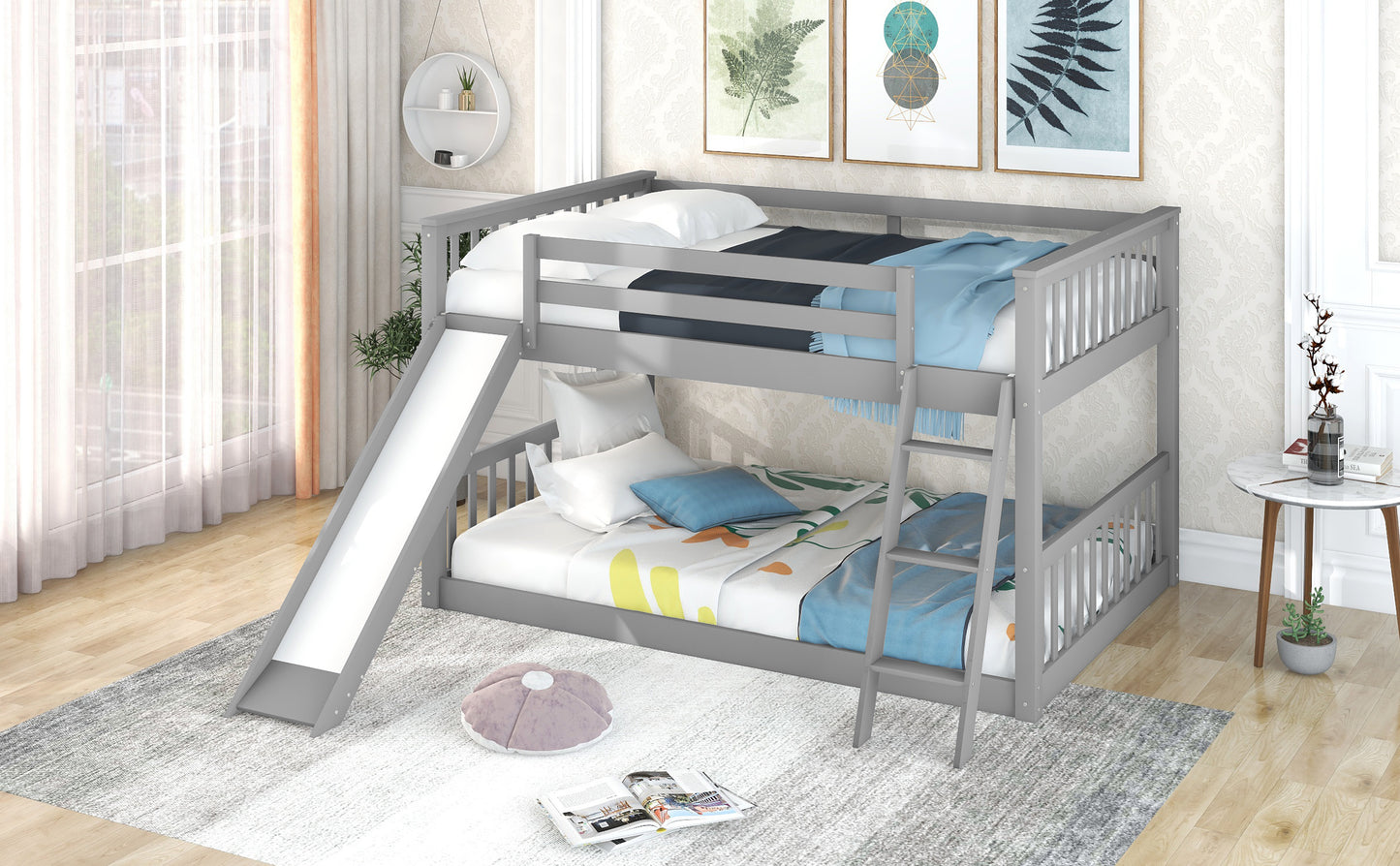 Gray Full Bunk Bed with Slide, Reversible Ladder, and Modern Design