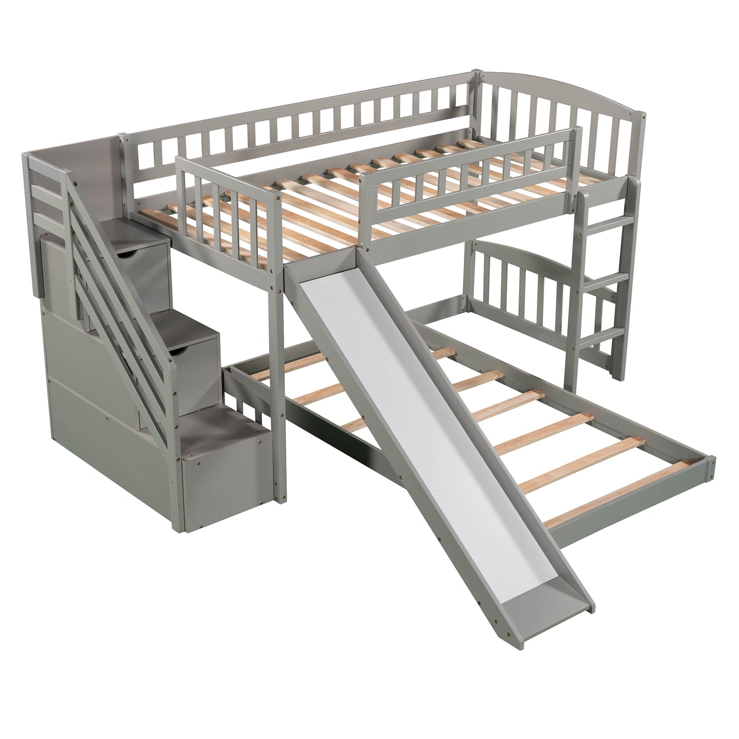 Gray Twin Bunk Bed with Slide, Drawers, and Playful Features