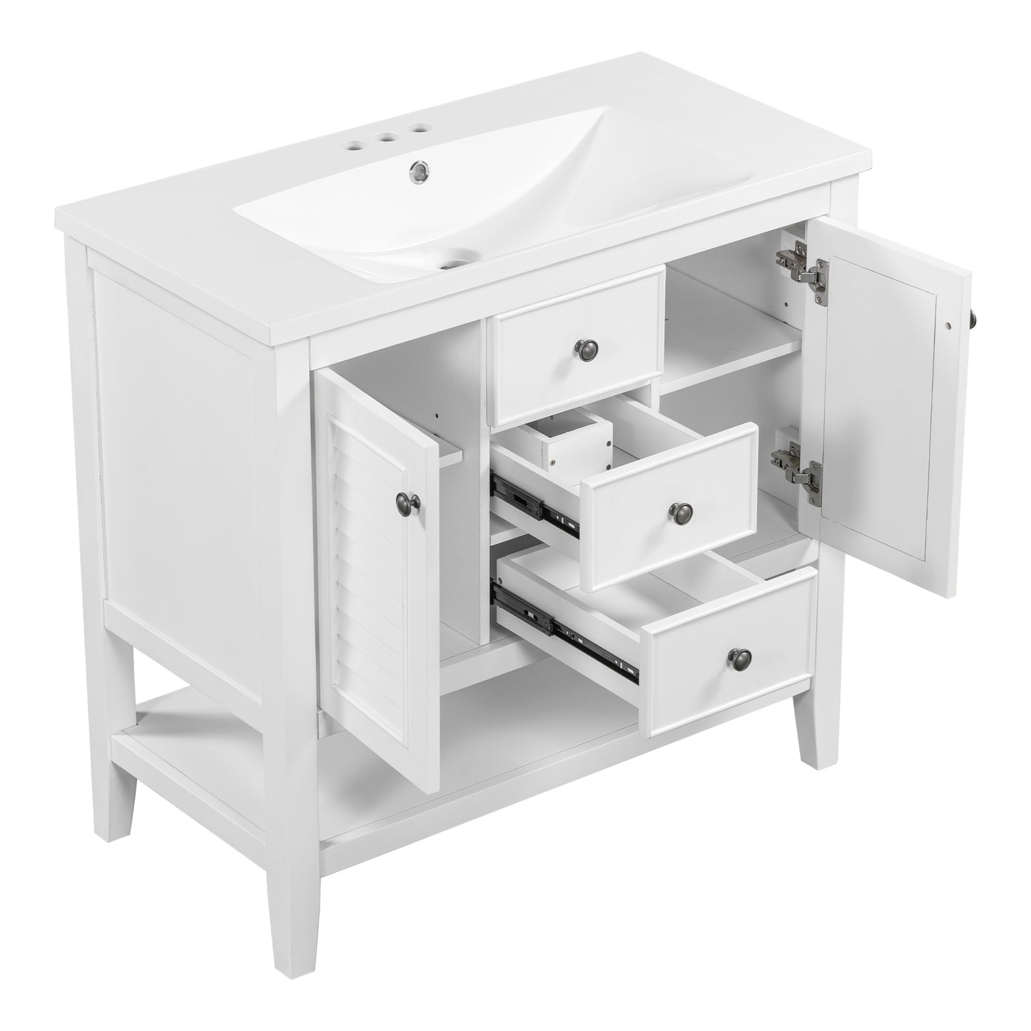 36" Bathroom Vanity with Ceramic Basin, Two Cabinets and Drawers, Open Shelf, Solid Wood Frame, White