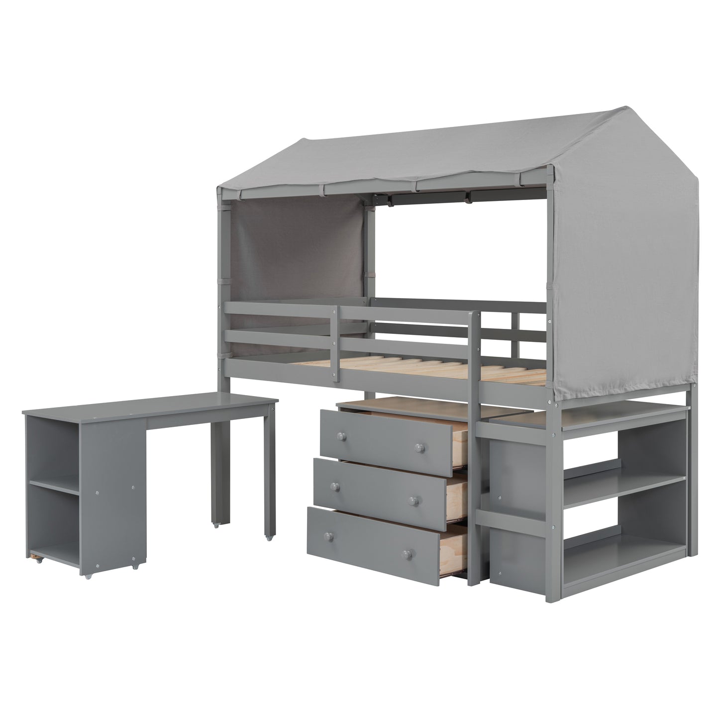 Twin Size Loft Bed with Rolling Cabinet, Shelf and Tent - Gray