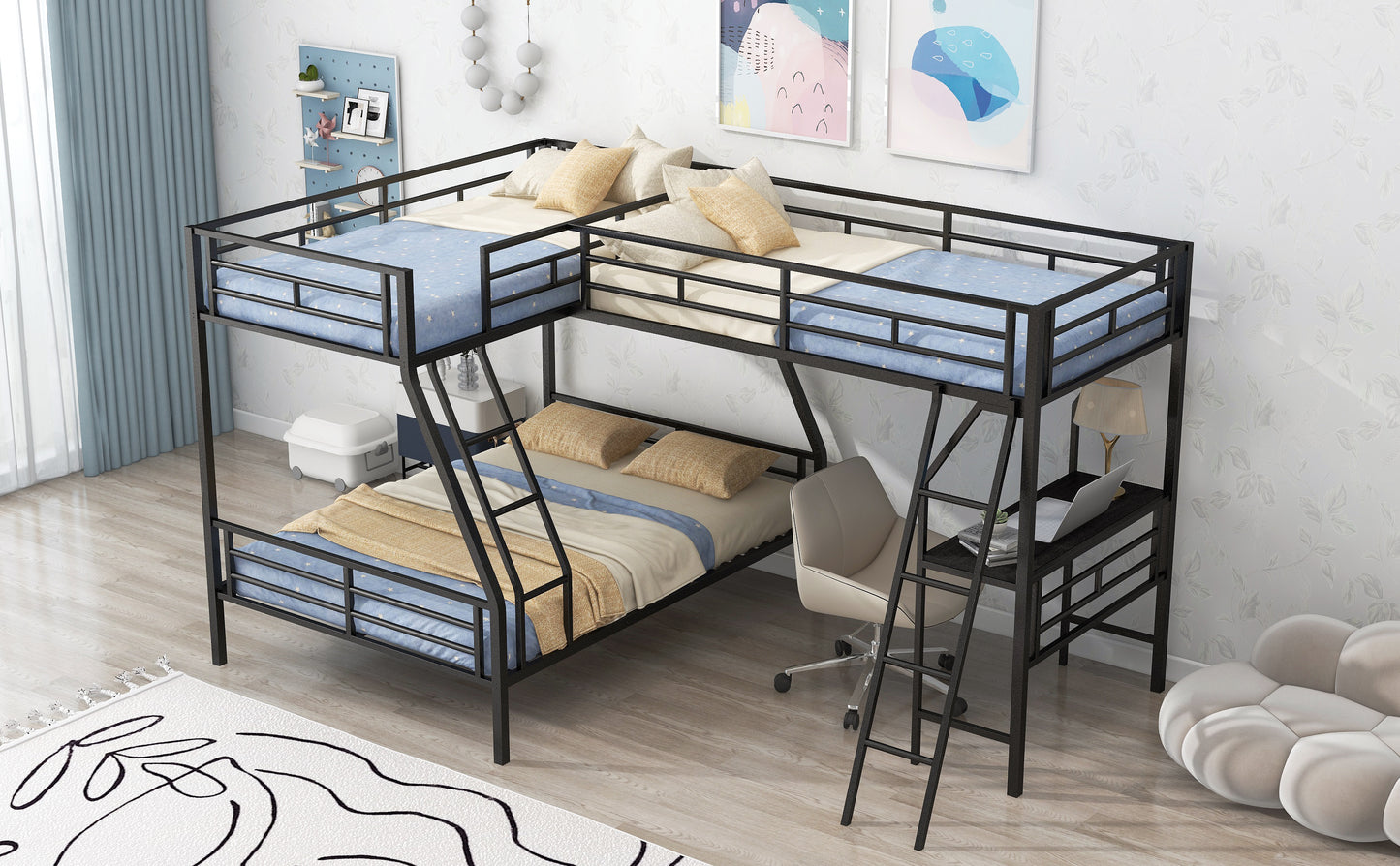 Innovative Space-Saving Twin over Full Bunk Bed with Loft Bed, Desk & Metal Frame, Black