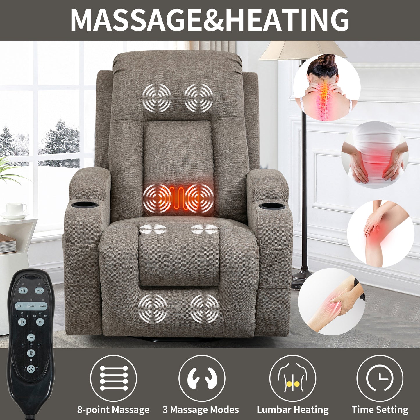 Electric Brown Recliner Chair with Lift, Massage, and Lumbar Heating