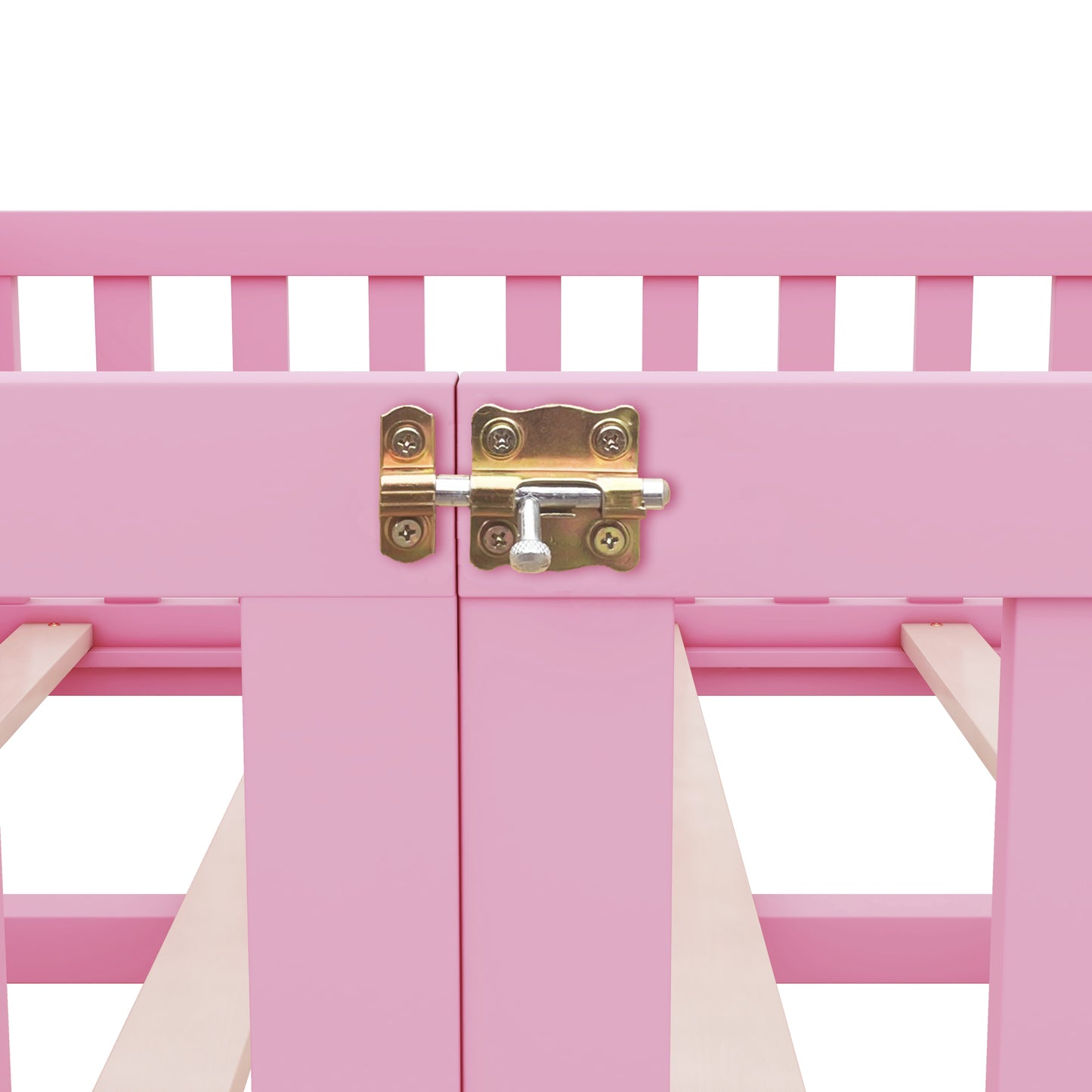 Full Size Bed Floor Bed with Safety Guardrails and Door for Kids, Pink