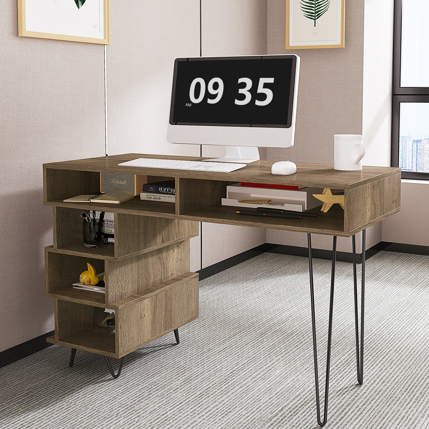 Geometric Brown Computer Desk with V-Shaped Iron Leg and Ample Storage