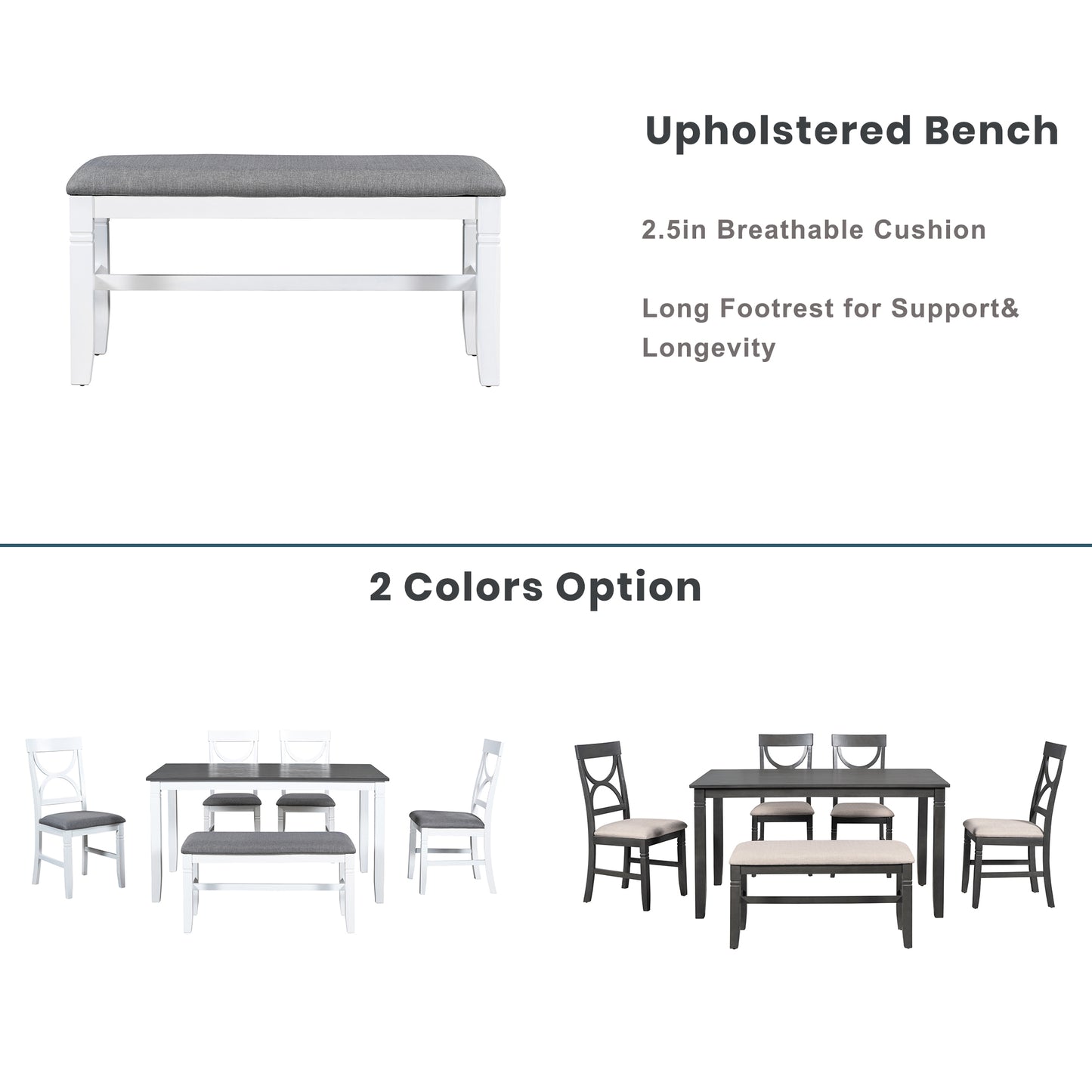 6-Piece Wood Dining Table Set Kitchen Table Set with Upholstered Bench and 4 Dining Chairs, Farmhouse Style,Gray+White