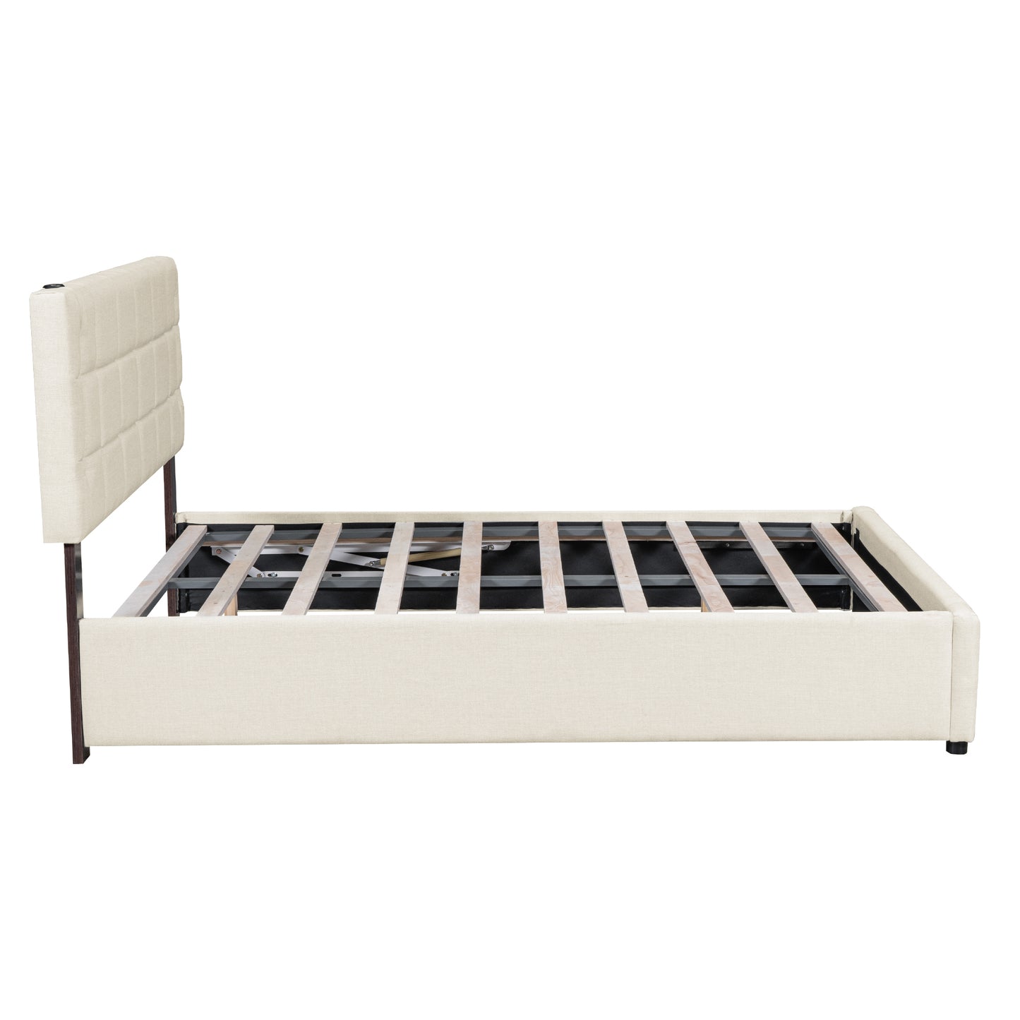 Queen Size Upholstered Bed with Hydraulic Storage System and LED Light, Beige