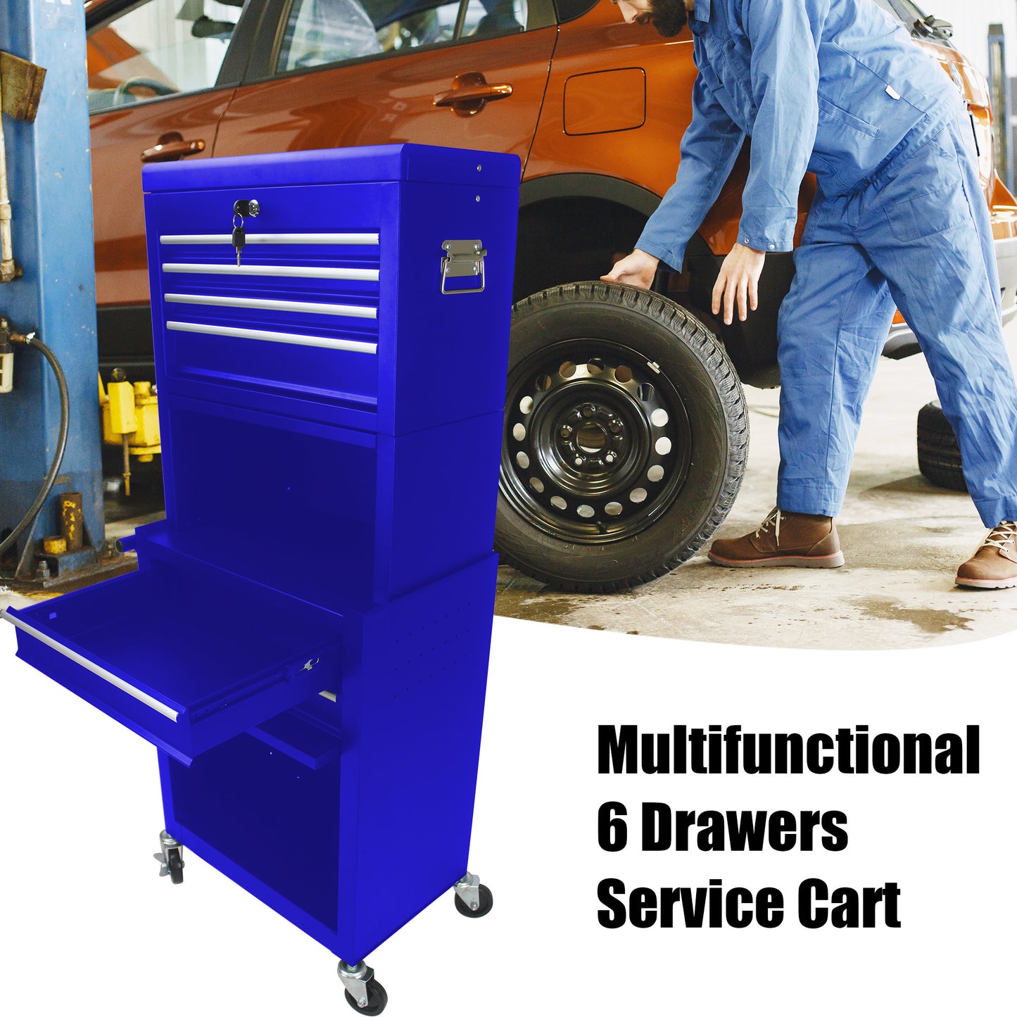 High Capacity Rolling Tool Chest with Wheels and Drawers, 6-Drawer Tool Storage Cabinet--BLUE