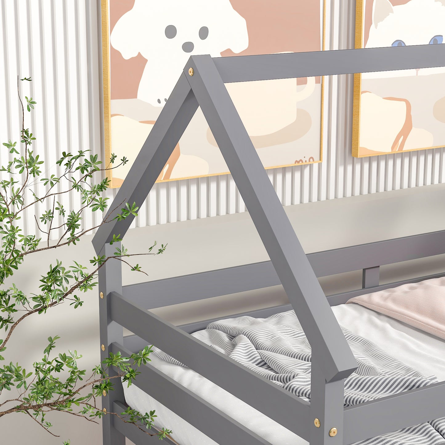 Twin over Twin Loft Bed with Roof Design, Safety Guardrail, Ladder, Grey