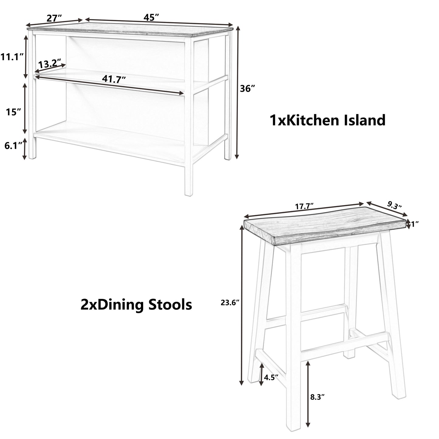 Solid Wood Rustic 3-piece 45" Stationary Kitchen Island Set with 2 Seatings, Rubber Wood Butcher Block Dining Table Set Prep Table Set with 2 Open Shelves for Small Places,Walnut+Cream White