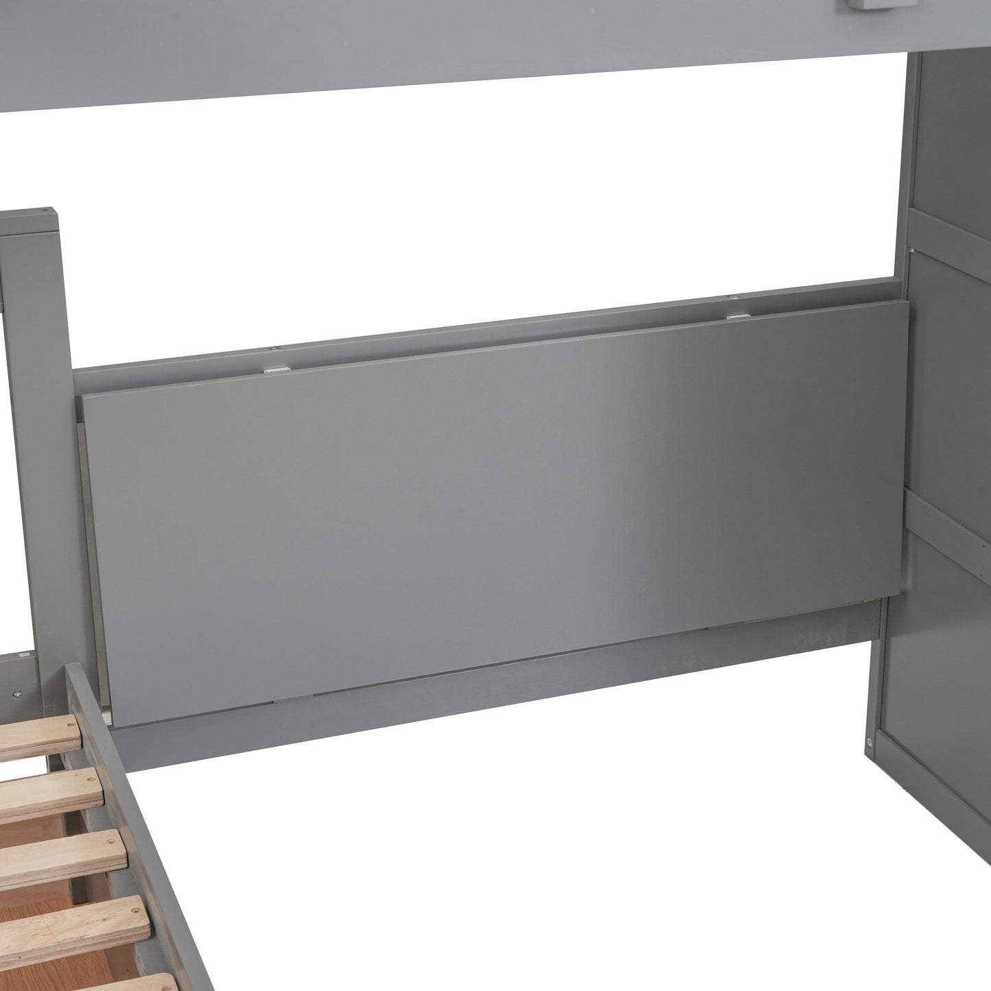 Gray Triple Bed with Integrated Desk, Wardrobe, and Drawers