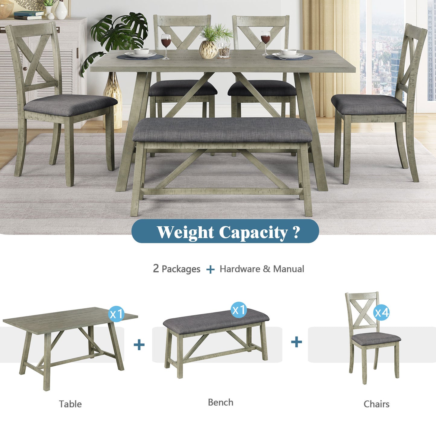 6 Piece Dining Table Set Wood Dining Table and chair Kitchen Table Set with Table, Bench and 4 Chairs, Rustic Style, Gray(No Difference with SH000109AAE)