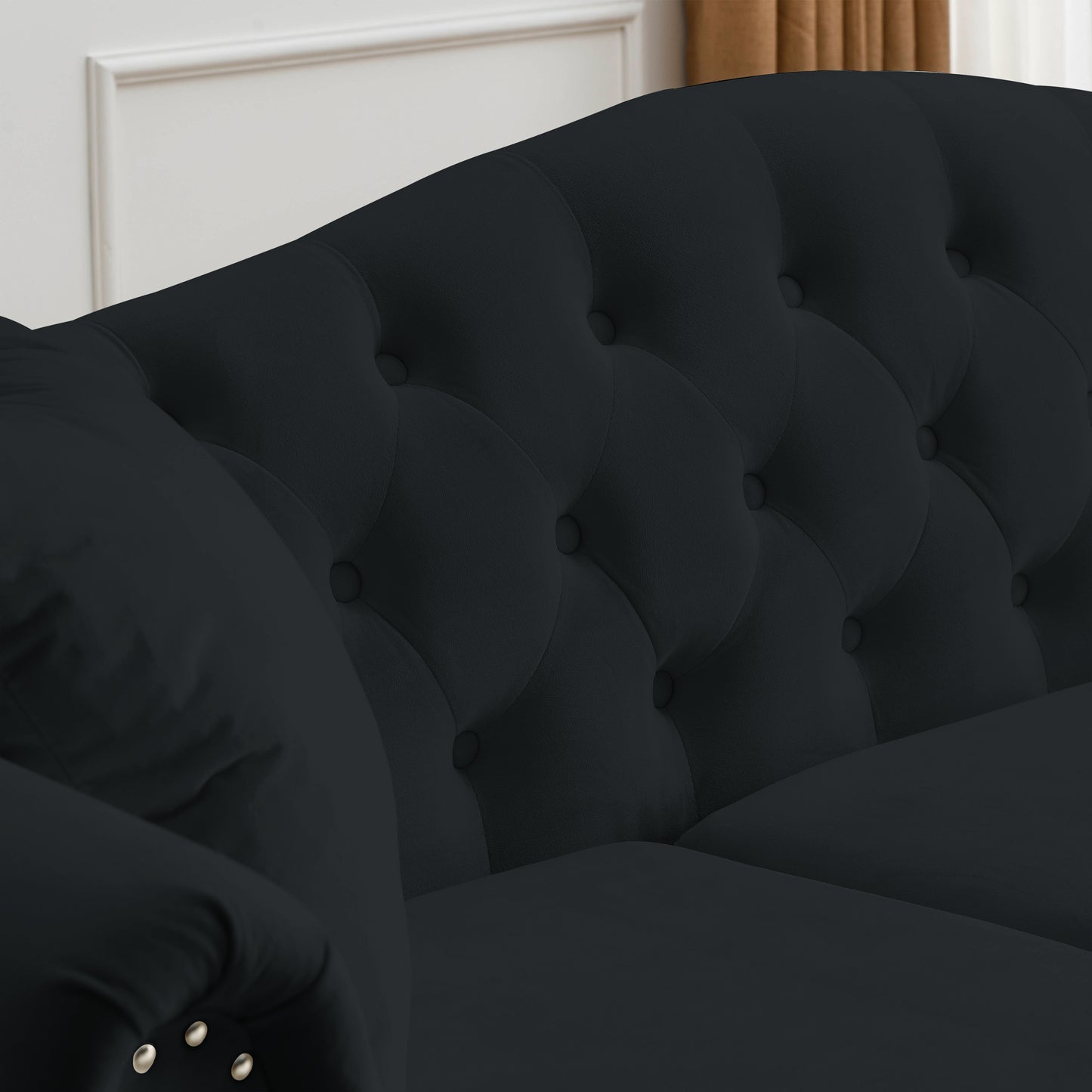 [Video] 79" Chesterfield Sofa Black Velvet for Living Room, 3 Seater Sofa Tufted Couch with Rolled Arms and Nailhead for Living Room, Bedroom, Office, Apartment, 3S+3S