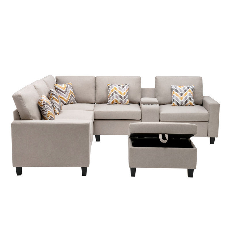 Nolan Beige Linen 7-Piece Sectional Sofa with Interchangeable Legs, Storage Ottoman, USB Charging Ports, and Cupholders