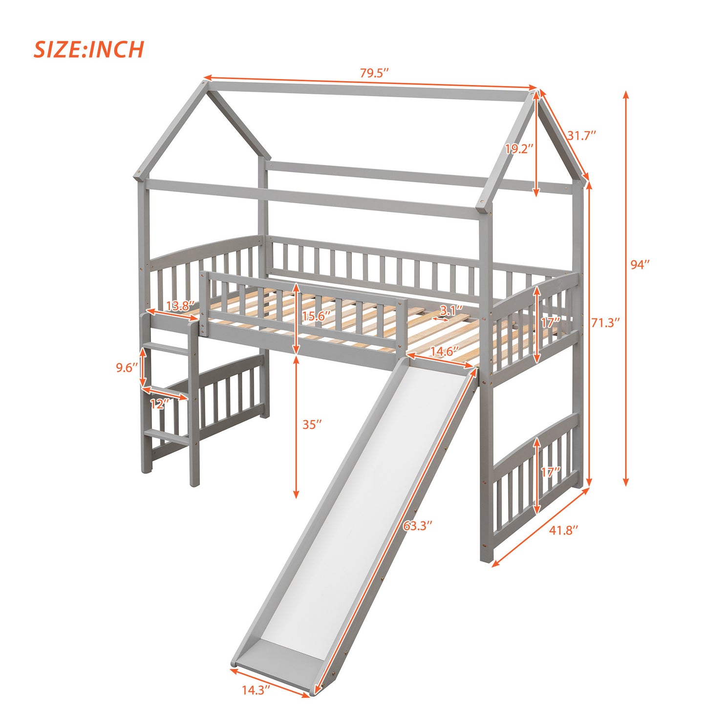 Twin Loft Bed with Slide, House Bed with Slide,White( :LT000212AAE)