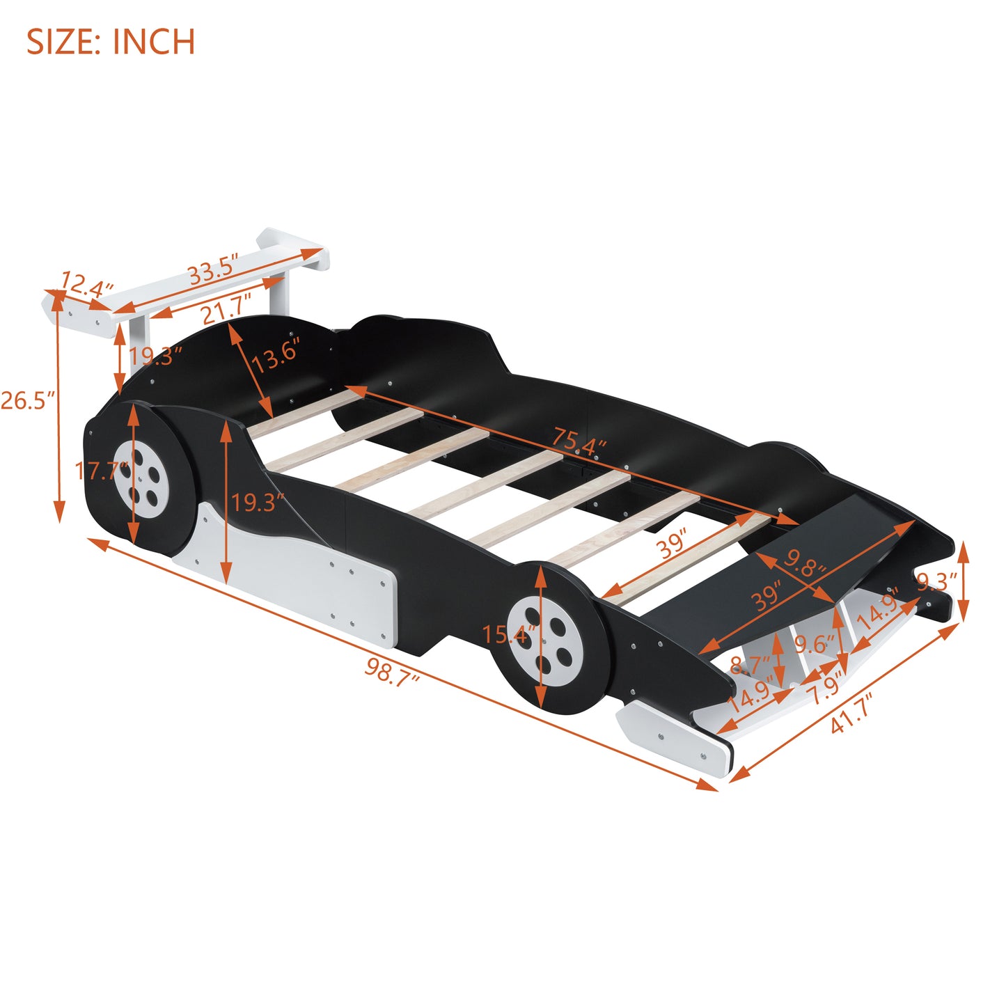 Twin Size Race Car-Shaped Platform Bed with Wheels,Black