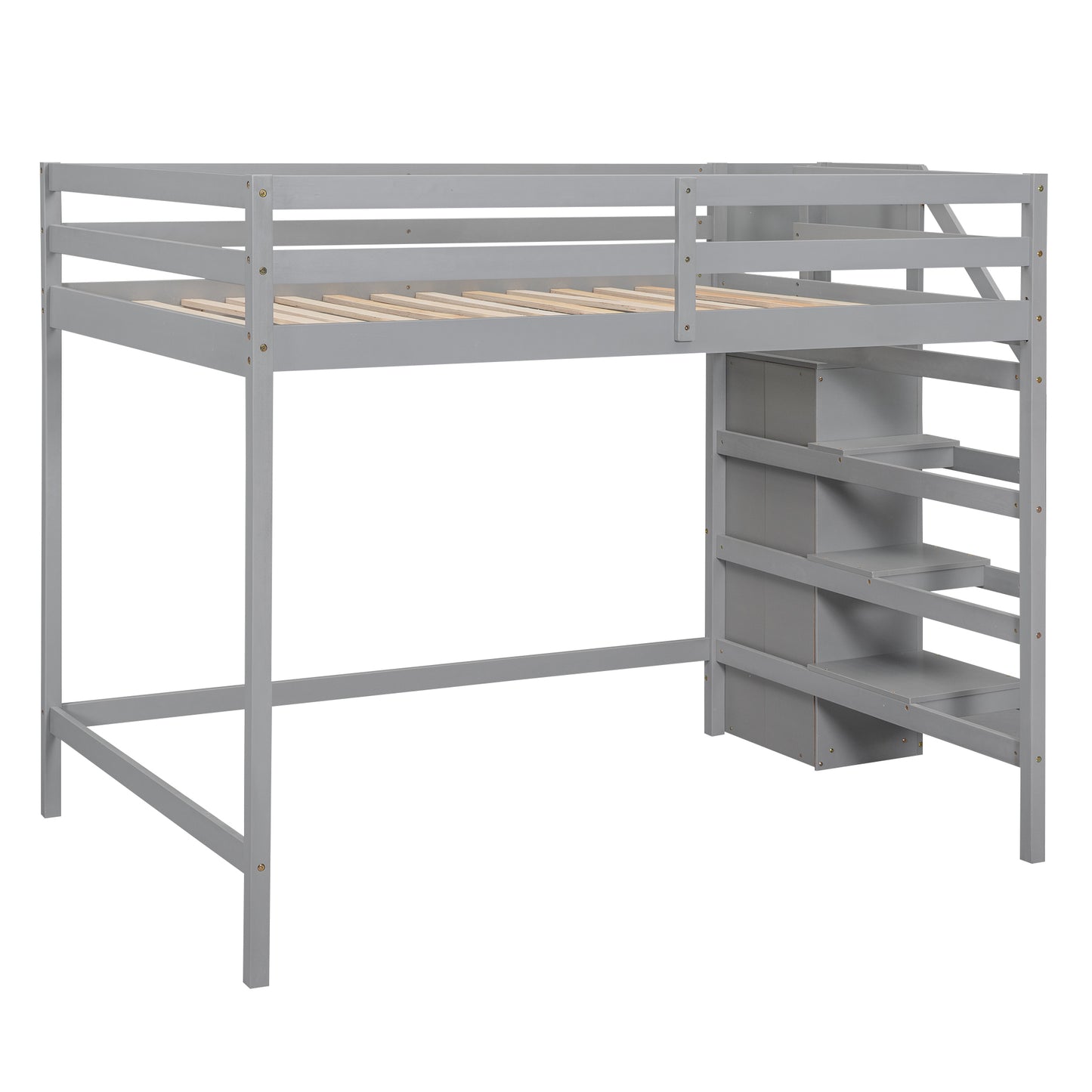 Full Size Loft Bed with Built-in Storage Wardrobe and Staircase, Gray