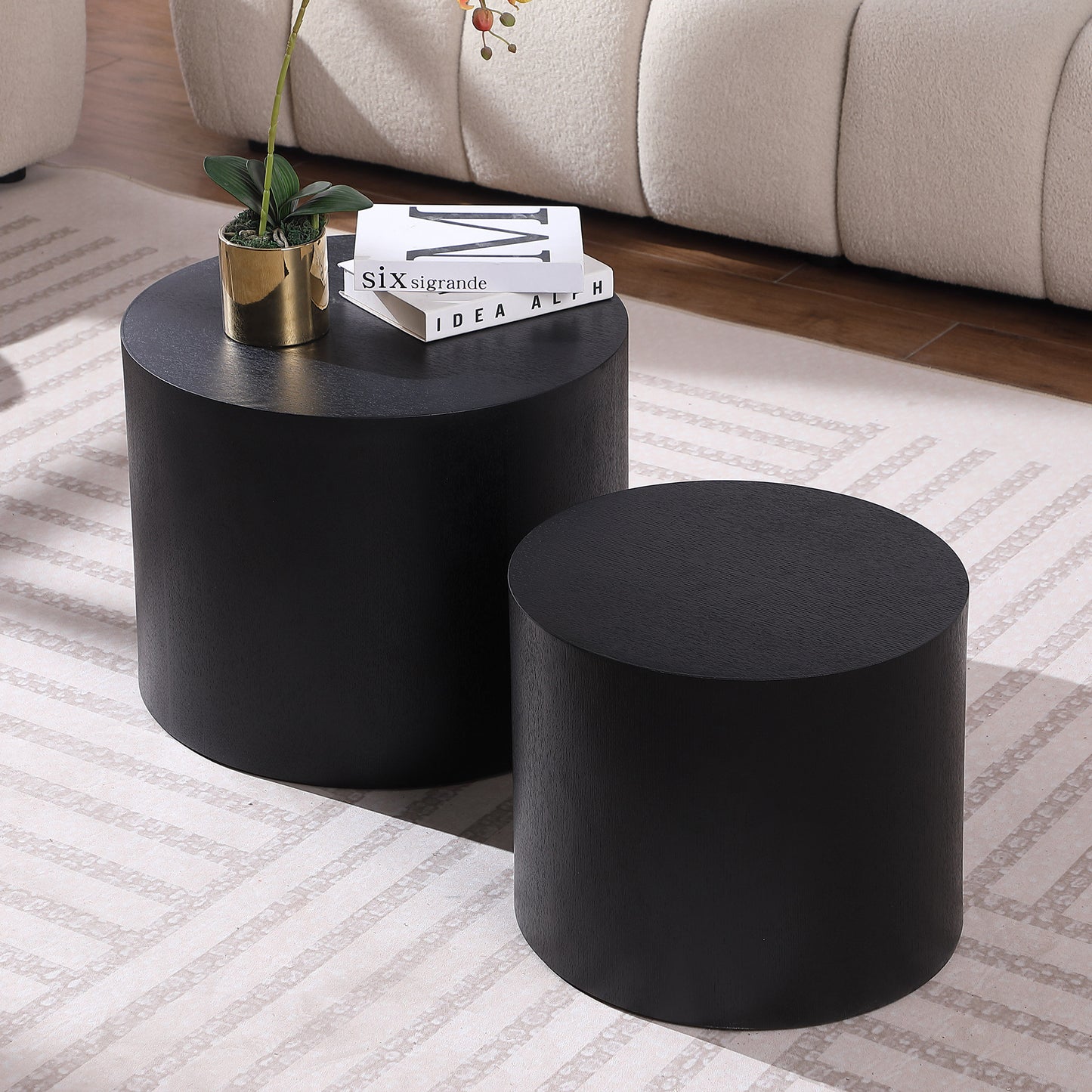 Black MDF Side Table Set of 2 with Veneer Finish for Home and Office