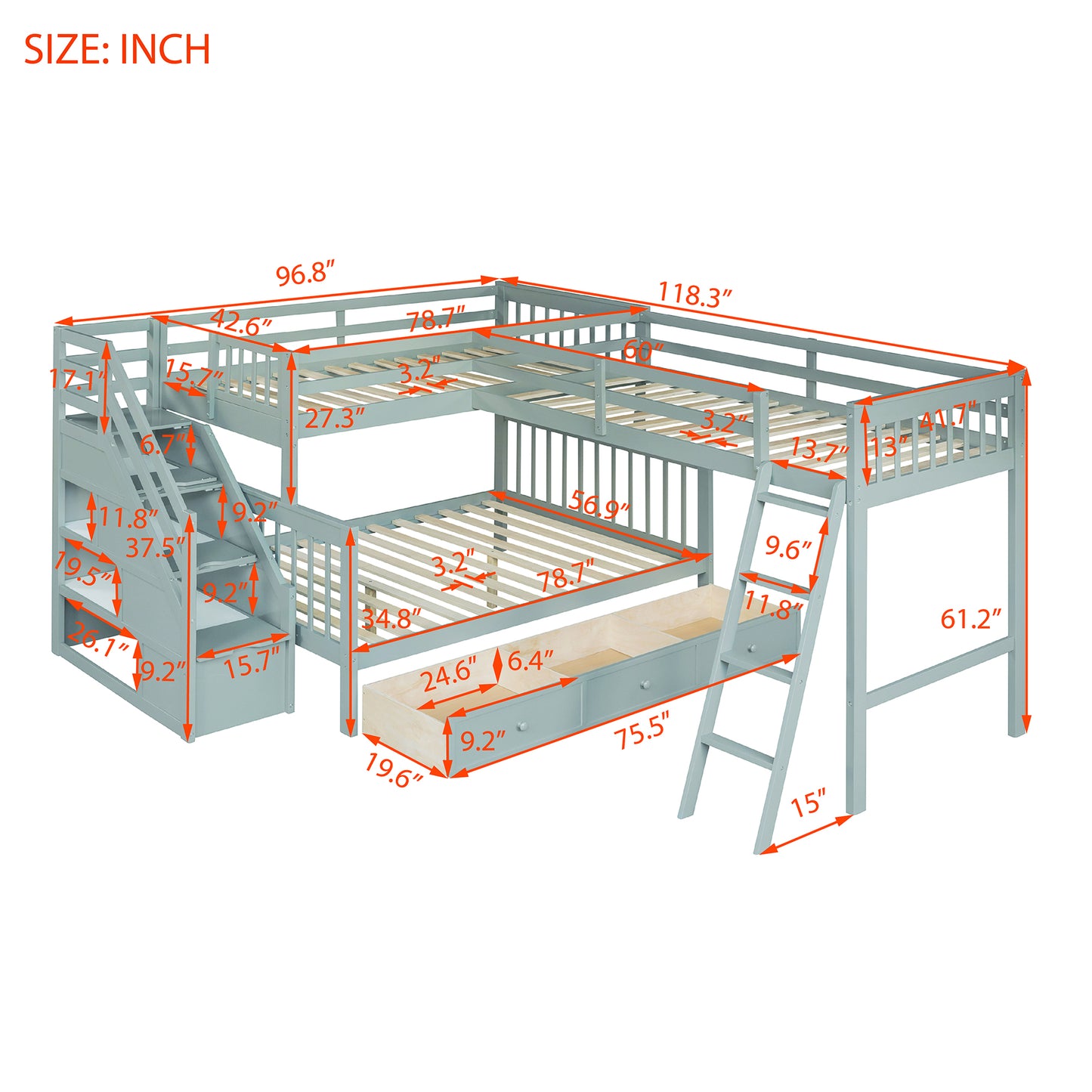 Gray Twin over Full L-Shaped Bunk Bed with Storage Drawers