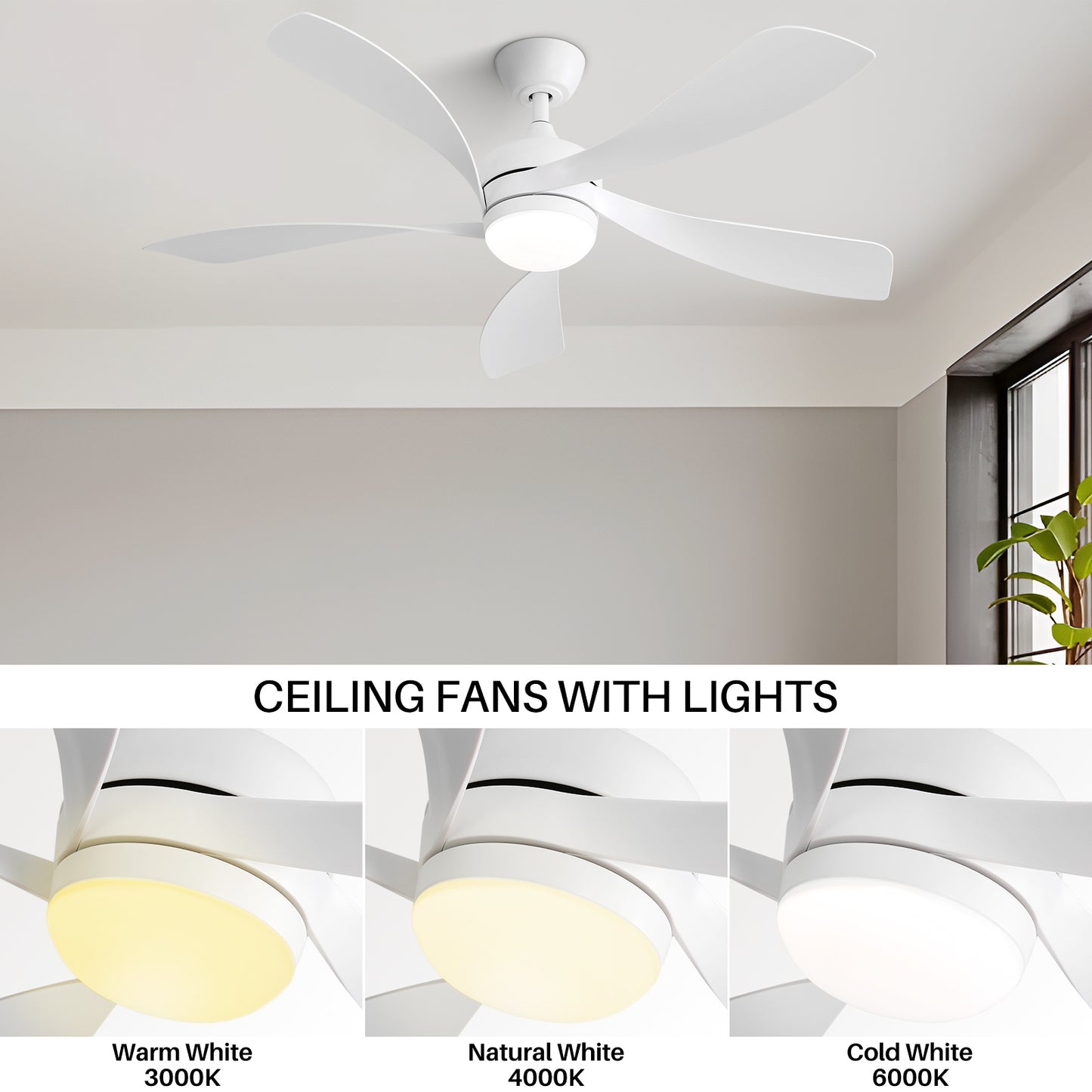 Quiet 52 Inch White Wooden Ceiling Fan with Remote Control and LED Light