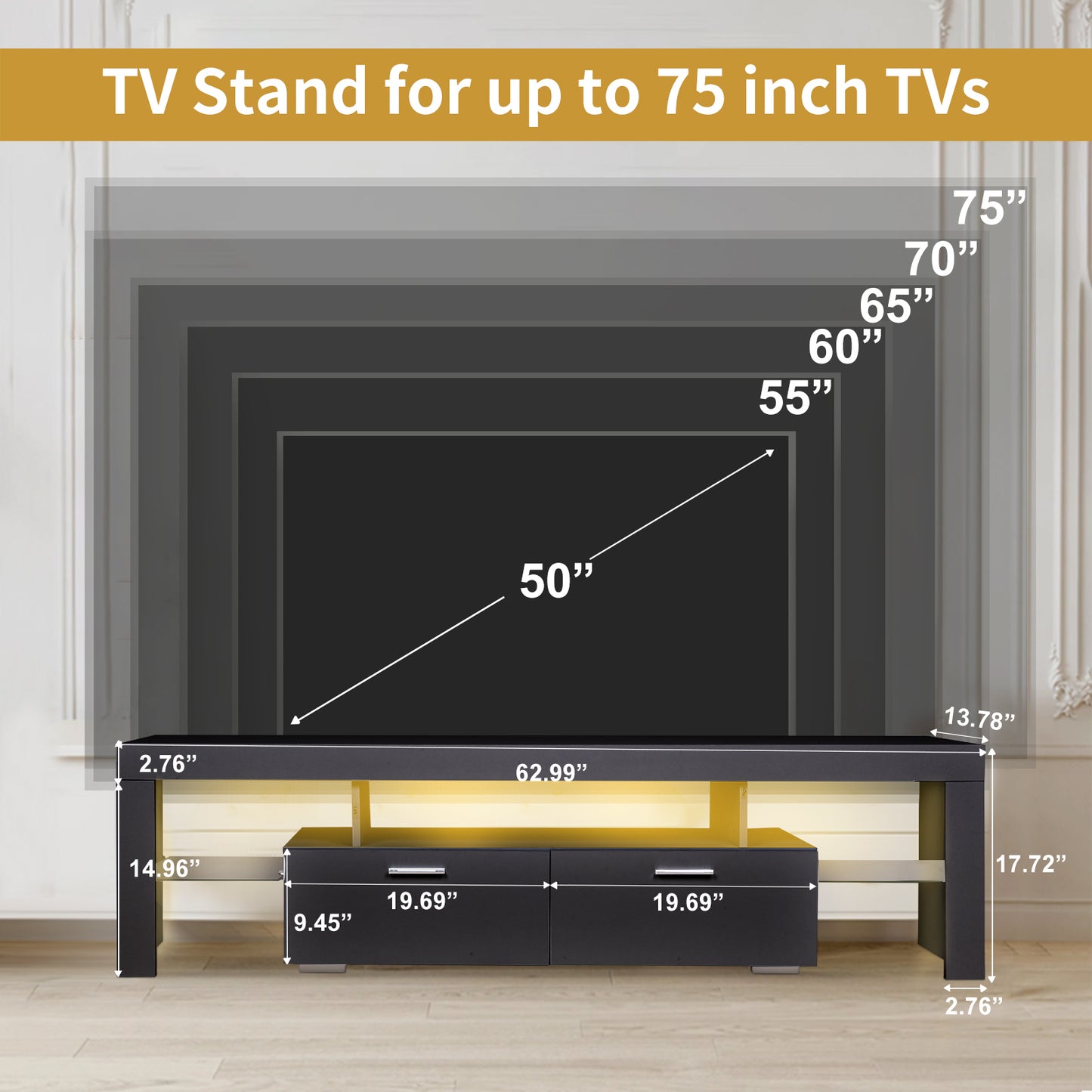 Modern LED TV Stand with Multi-Color Lighting and Storage Cabinet for TVs Up to 75 Inches