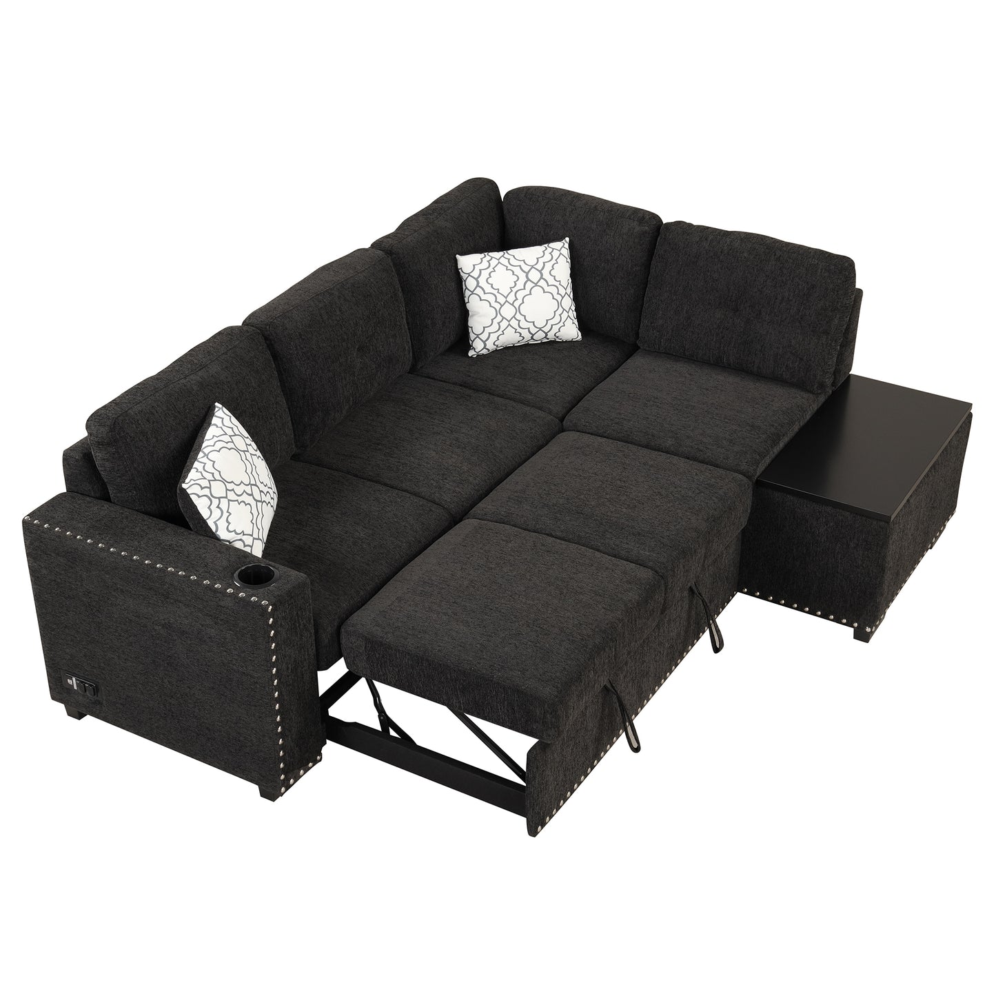 83.8 L-Shaped Reversible Sectional Sleeper Sofa with Cup Holder and USB Ports, Black