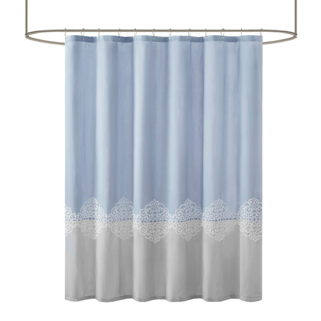 Blue and Grey Embroidered Shower Curtain