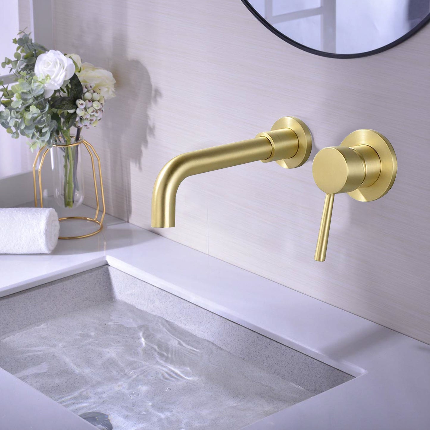 Contemporary Brushed Gold Wall Mount Bathroom Faucet with Rotating Spout