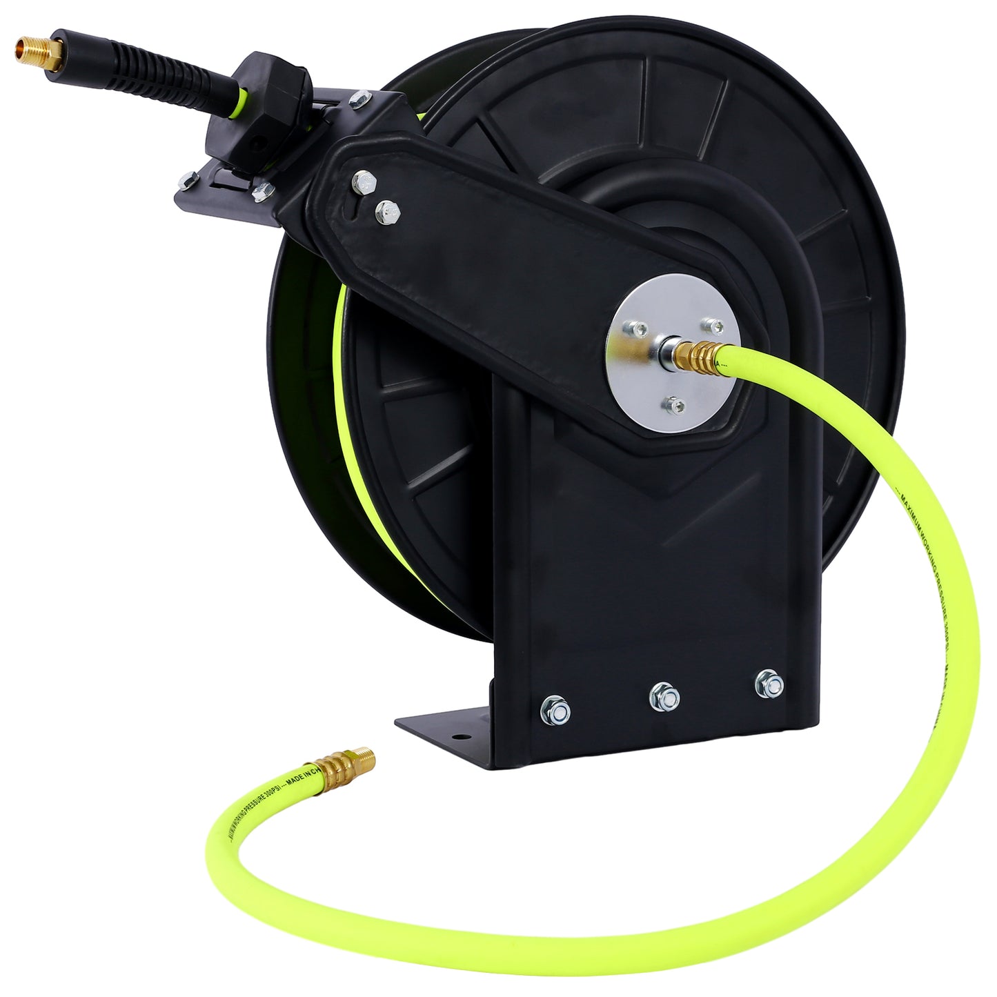 Retractable Air Hose Reel With 3/8" Inch x 50' Ft,Heavy Duty Steel Hose Reel Auto Rewind Pneumatic,Industrial Grade Rubber Hose,300 PSI,Black