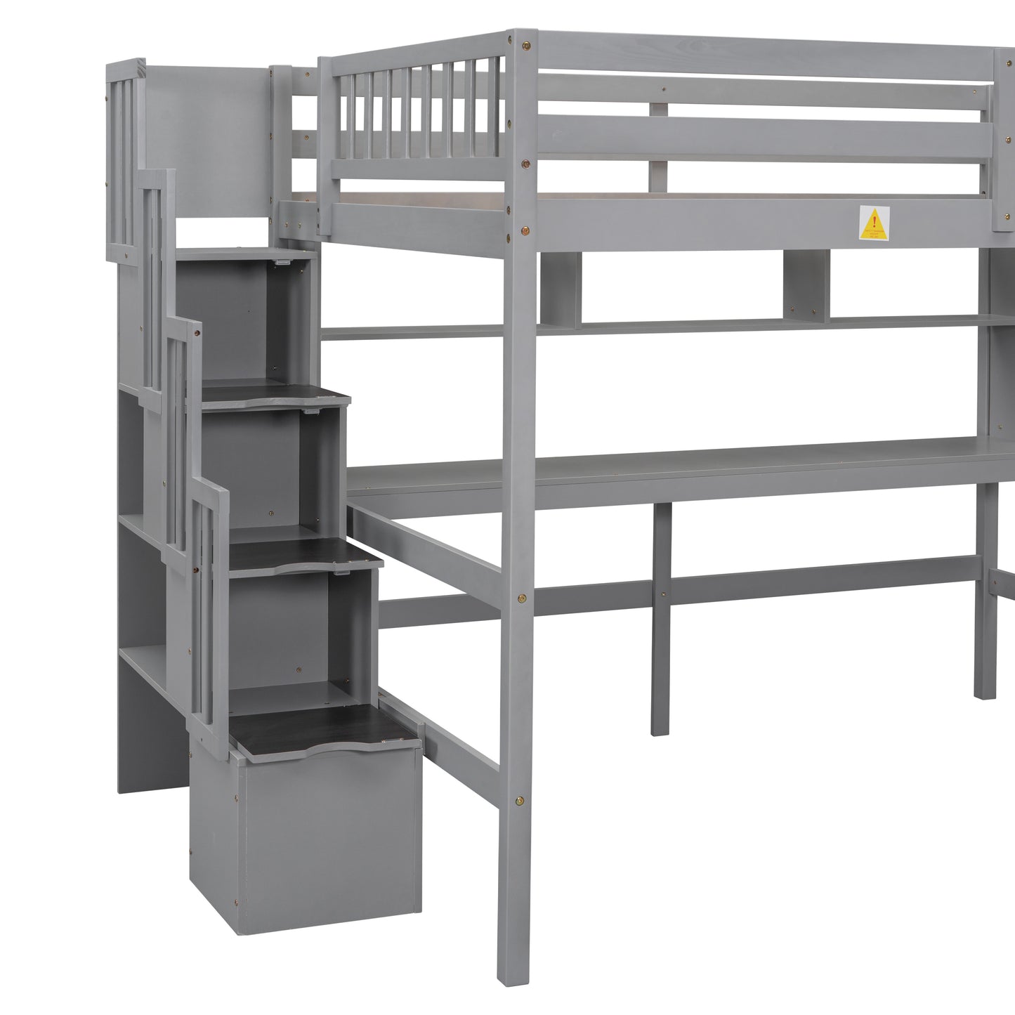 Full Size Loft Bed with Desk, Storage shelves and Staircase,Grey