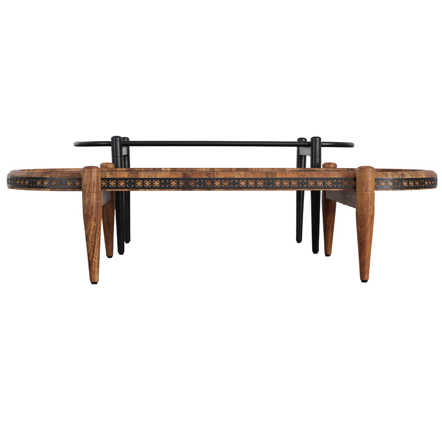 Acacia Wood and Metal Oval Nesting Coffee Table Set, Brown/Black, 50 & 39 Inch